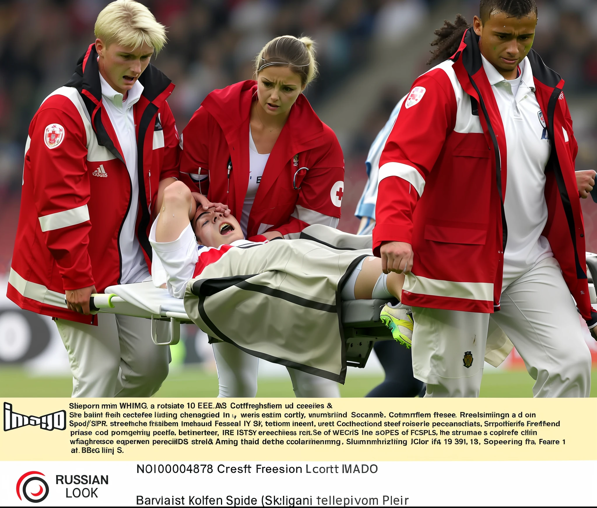 a soccer scene in a sports stadium, cool and wet weather conditions, humide ground, rainy sky, injury scene in a sports stadium, stretcher carry, there are four female medics carrying a stretcher, there are four female medics in very shiny coats who are carrying a stretcher in a sports stadium, there is a wounded male soccer player in a matte short cotton sports outfit lying on the stretcher, an injured male soccer player in matte cotton sportswear is lying in pain on a stretcher, a soccer player in matte cotton sports clothes is rearing up in intense pain while lying on a stretcher, dramatic scene, theatralic posing scene, dramatic pity scene, injury soccer, first aid, help, pity, there are four female medics in wetlook high-shine coats who are looking very sad and very terrified and very shocked, the injured soccer player is screaming out in pain while he is carried from the pitch on a stetcher