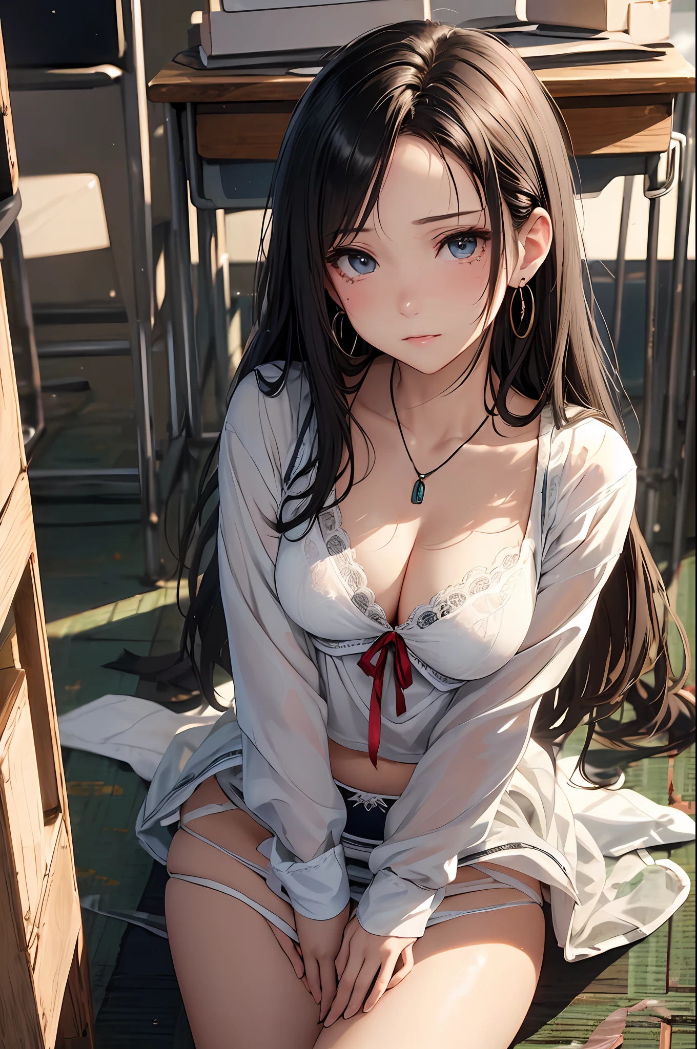 (masutepiece: 1.3), (max resolution: 1.2), (Ultra HDTV: 1.2), cinematric light,  Detailed eyes and skin, detailed facial features, , 8K resolution, (Sharp Focus: 1.2, Perfect Style, Beautiful face, acurate, Anatomically correct, Highly detailed face and skin texture, Detailed eyes, Double eyelids, Thin eyebrows, Glitter Eyeliner: 1.2, Natural cheeks, Glossy skin, Fair skin: 1.2,  (Glossy lips: 1.4), (Girls' High School Uniforms:1.2)、 (Shy look: 1.2), 18 instars, Neat and clean woman 、Black brown hair,Wavy Hair、 Semi-long hair, (Focus on Face:1.2), ((Small breasts)), (upturned breasts), (in class room: 1.2)), (She is sitting on the floor：1.2.)), Highly detailed facial and skin texture, Detailed eyes, Double eyelids, Natural cheeks, Green-gray eyes,a necklace、  shiny small earrings, shiny lips: 1.4,Exposed cleavage、（A large amount of sperm in the chest:1.4）（Large amount of sperm in the thighs:1.2）、red blush、Tears are embarrassing、White underwear、White bra、Open knees、open one's legs、Masturbation behavior、Disheveled clothes、Dressing、Exposed panties、Wearing sweat、sodden、Sheer underwear、Maids、humiliated、impatience、dismay、Frightened、glares、blue eyes、Full-body angle of view、from the front side、red blush、