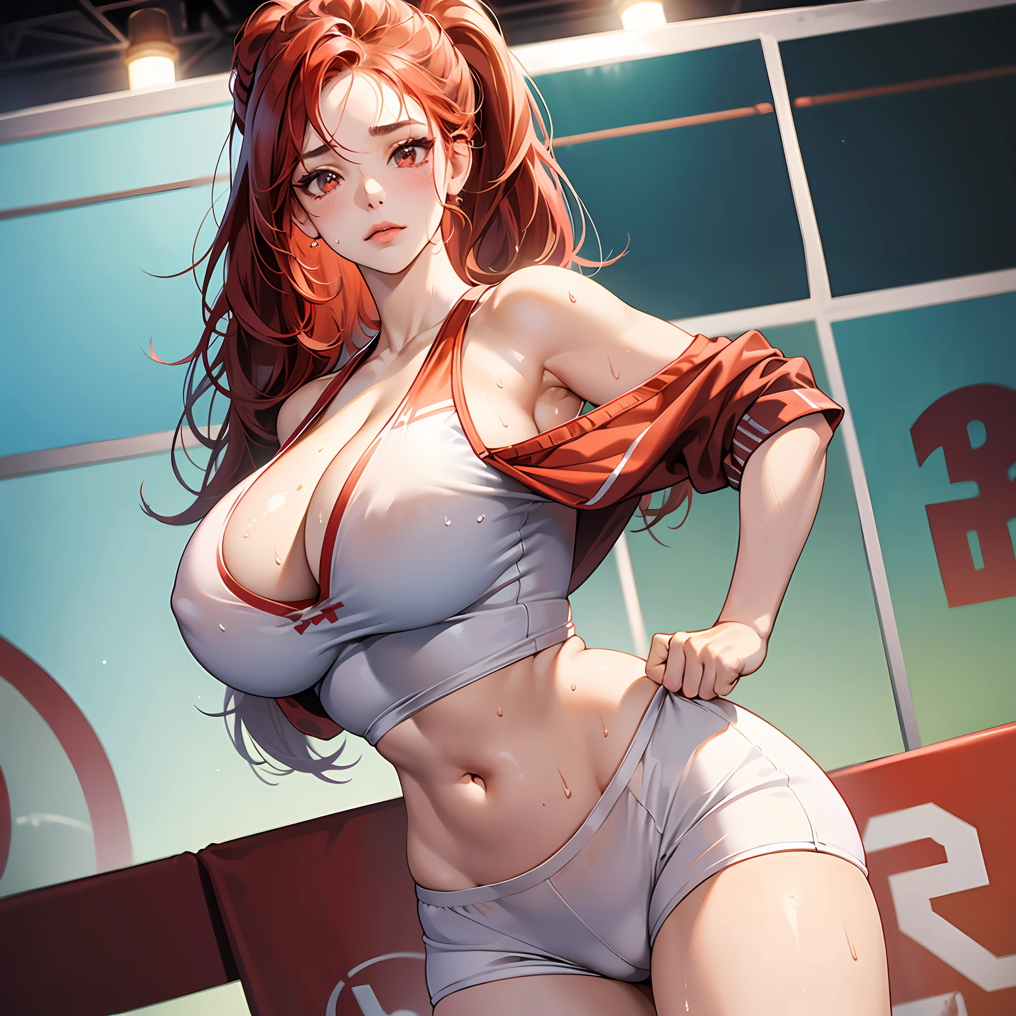 Masterpiece:1.2, Best quality), Realistic, (Real picture, Intricate details, Depth of field), (1girll, Solo), make up, parted lip, highly detailed, Perfect face, (Huge breasts:1.4), (skin indentation), Thick thighs, Wide hips, Small waist, Tall, glossy coral lips, red hair, hair straight,Delicate and beautiful hairstyle,red color eyes, pony tails, (A girl playing volleyball, white volleyball suit), (full of sweat:1.2), (Wet), Sexy, Blushing, (gigantic cleavage breasts:3.0),(see-through shirts:1.2),(open shirts) --auto