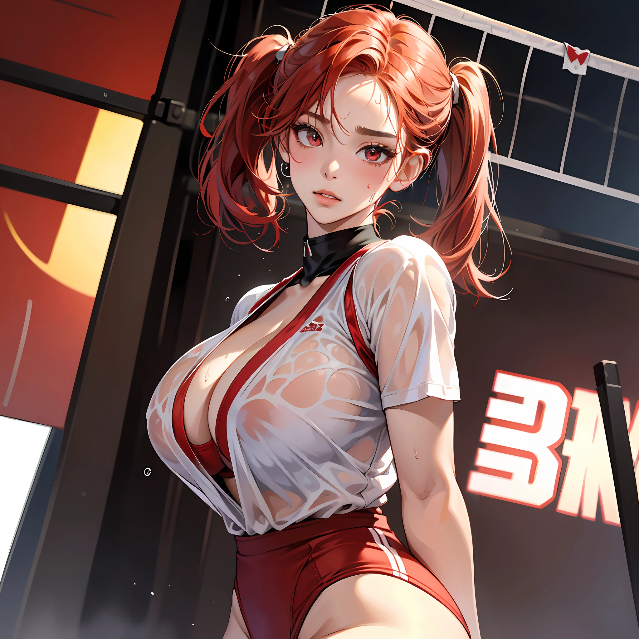 Masterpiece:1.2, Best quality), Realistic, (Real picture, Intricate details, Depth of field), (1girll, Solo), make up, parted lip, highly detailed, Perfect face, (Huge breasts:1.4), (skin indentation), Thick thighs, Wide hips, Small waist, Tall, glossy coral lips, red hair, hair straight,Delicate and beautiful hairstyle,red color eyes, pony tails, (A girl playing volleyball, white volleyball suit), (full of sweat:1.2), (Wet), Sexy, Blushing, (gigantic cleavage breasts:3.0),(see-through shirts:1.2),(open shirts) --auto