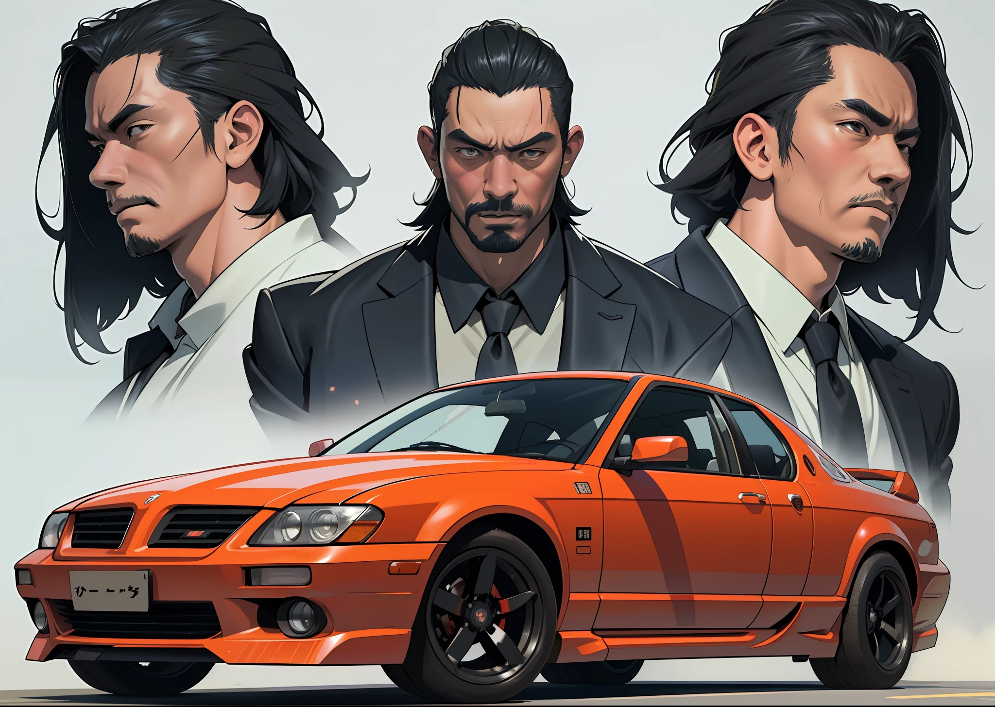 Five Yakuza, in suit, studio ghibli art style, different poses front on the car, epic, male, perfect car, perfect face, Black, katana, ultra illustration, high detailed, 90s, epic cinematic, dangerous man, perfect anatomy body, perfect face line,3d, photorealistic, digital art