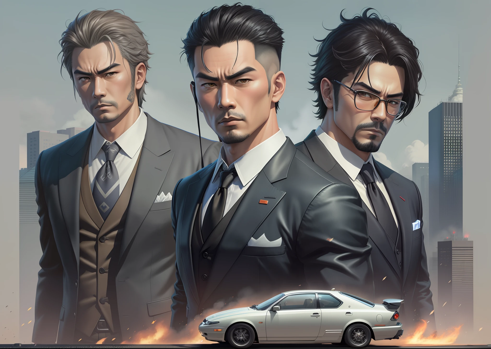 Five Yakuza, in suit, studio ghibli art style, different poses front on the car, epic, male, perfect car, perfect face, Black, katana, ultra illustration, high detailed, 90s, epic cinematic, dangerous man, perfect anatomy body, perfect face line,3d, photorealistic, digital art