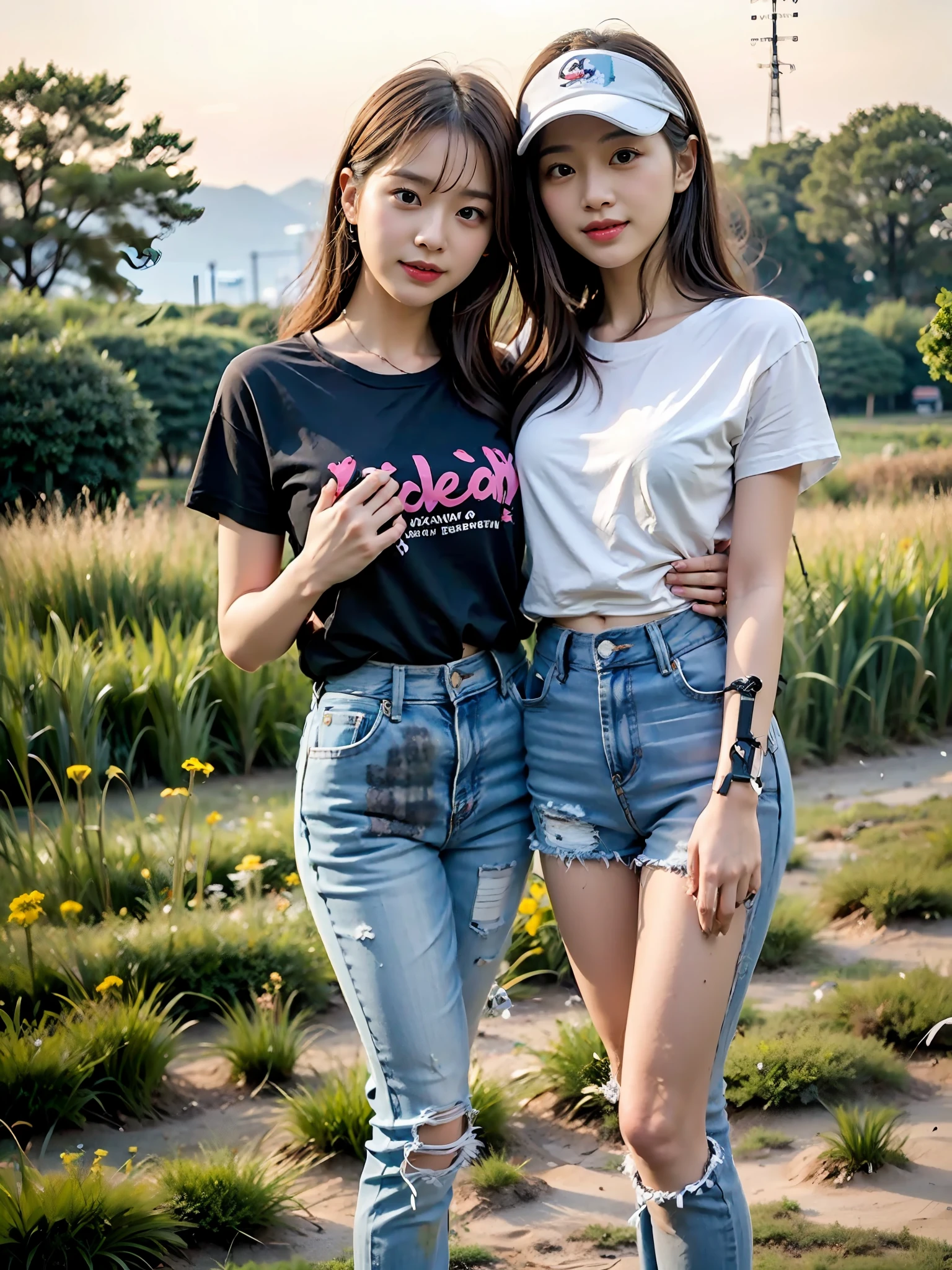 （best qualtiy：1.4），Complicated details，20 years old Korean girl，Wear a loose black T-shirt and skinny jeans，Stand on the grass and take pictures，Detailed meadow，A sweet smile on a small face，Ultra-realistic facial details，Playful and coquettish pose，The calves are straight and slender:1.2，Wear high-end brand sneakers:1.0，eventide：0.3，Broad lighting，naturalshadow：1.0，fully body photo:1.8