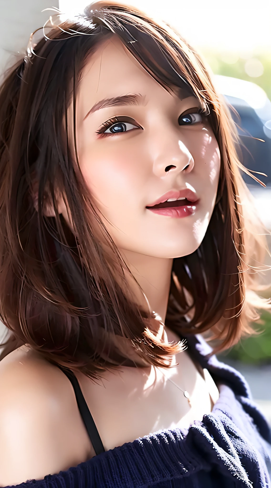 Bright blonde semi-long hair、(a blond:1.5)、(Blue eyes:1.4)、Red Lipstick、Colossal tits、city street at night、lighting on the face、Bright backlight、超A high resolution、top-quality、Photos、(Photorealsitic:1.2)、(Black lace underwear:1.5)