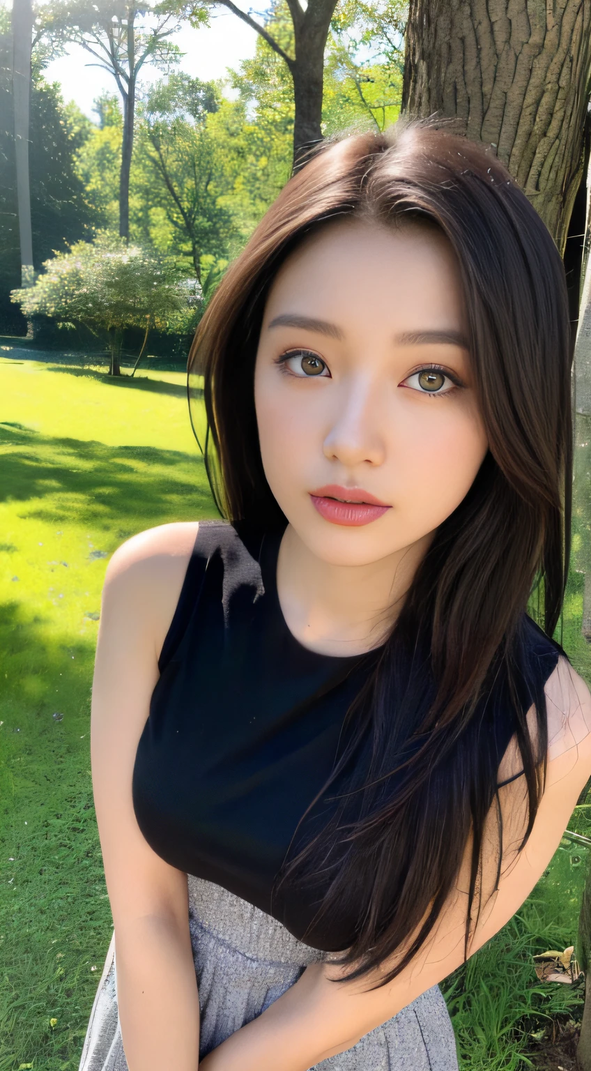 (In the daytime, Need, 8K, tmasterpiece:1.3)), full bodyesbian, Long legs, Focalors:1.2, perfect figure beautiful woman:1.4, Slim abs:1.1, ((Dark brown hair, large tities:1.2 )), (shift dresses，,standing on your feet:1.2,), ((Urban Forest Park,mont :1.3)), Highly detailed facial and skin texture, A detailed eye, 二重まぶた，Flying long hair