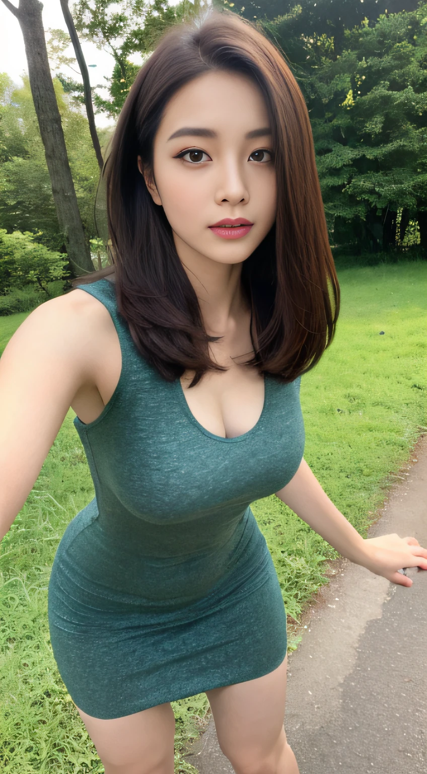 (In the daytime, Need, 8K, tmasterpiece:1.3)), full bodyesbian, Long legs, Focalors:1.2, perfect figure beautiful woman:1.4, Slim abs:1.1, ((Dark brown hair, large tities:1.2 )), (shift dresses,,standing on your feet:1.2,), ((Urban Forest Park,mont :1.3)), Highly detailed facial and skin texture, A detailed eye, 二重まぶた,Flying long hair