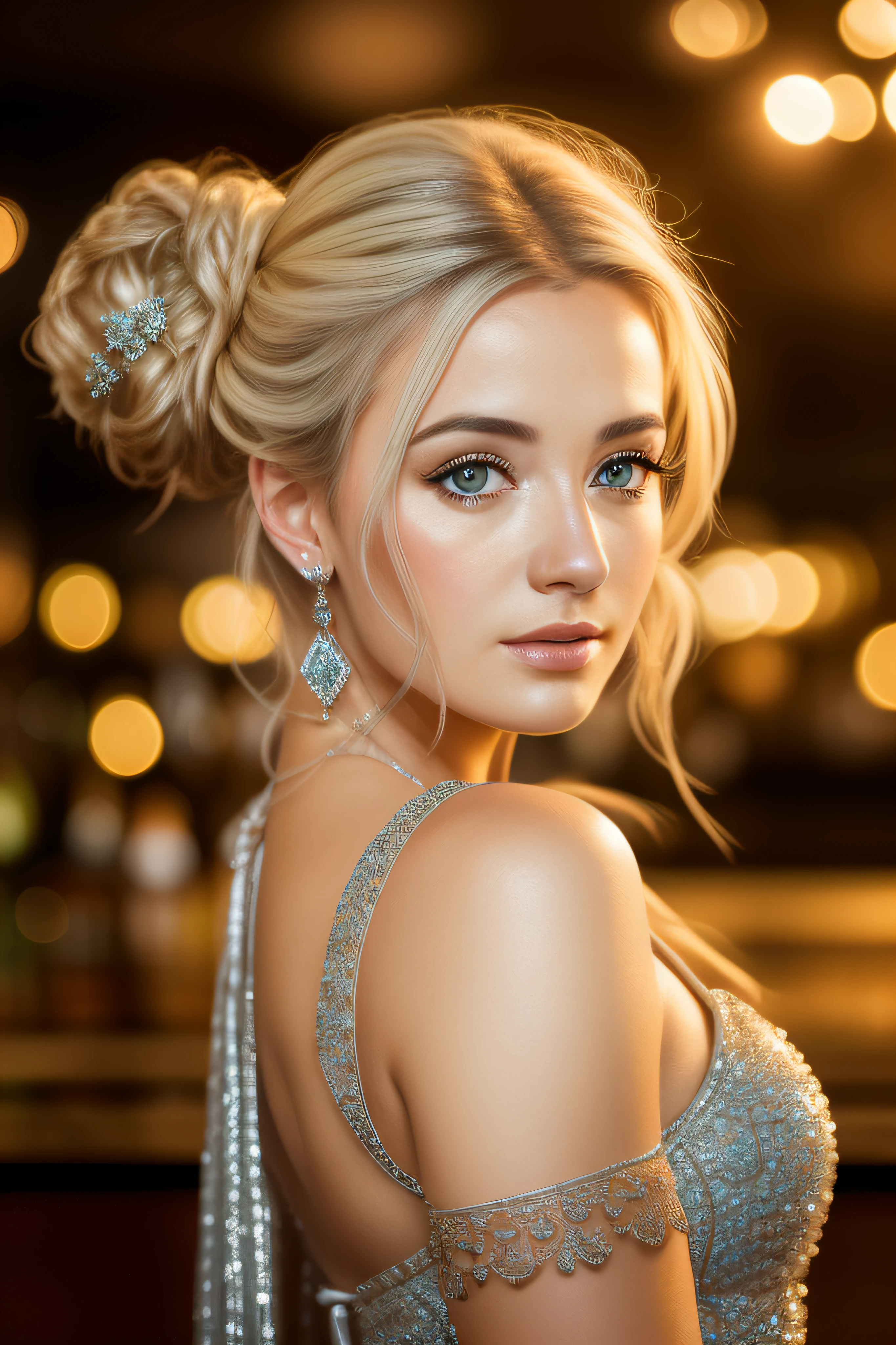 portrait photo of OliviaDunne beautiful woman blonde hair updo upsweep nightclub sitting at bar (masterpiece) (best quality) (detailed) (8k) (HDR) (wallpaper) (cinematic lighting) (sharp focus) (intricate)