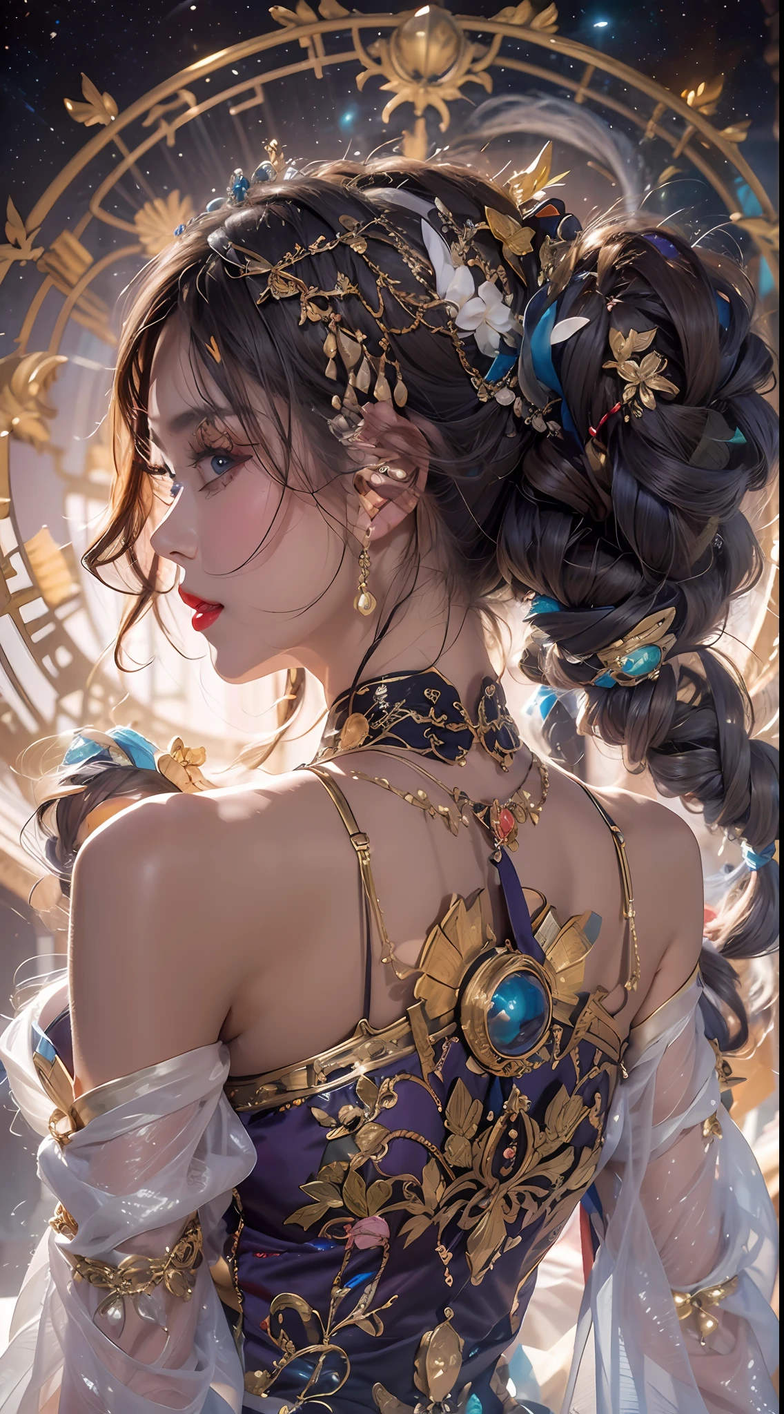 1 zodiac goddess from the future, wearing a thin silk dress, the goddess of the palace is beautiful, the goddess of the zodiac is wearing a colorful thin silk dress with sexy white and black lace trim, the goddess gives off a bow aura vibrant purple-pink zodiac, the stars have the shapes of the 12 zodiac, the goddess of the zodiac in a thin silk dress the golden zodiac with many black details, the mythical goddess of the 12 zodiac , zodiac ♏, royal zodiac style, dark and mysterious version, Full breasts, big and round breasts, well-proportioned and beautiful red lips, character by karol bak and pino daeni, intricate details, detailed background, many background objects, extremely detailed, magic light, a woman, long hair dyed in seven colors and neatly tied up, mold the face is clearly drawn without scars, the face is beautiful and the eyes are proportionate, the red lips are pretty and attractive, the eyes are big and round and the makeup is very beautiful and detailed, far focus, thin silk dress ,page hair jewelry, neck jewelry, dress jewelry, arm and thigh jewelry, goddess leg jewelry, mystical jewelry, zodiac goddess portrait, (upper body of zodiac goddess: 1.8), wings loose arms, sexy and seductive zodiac goddess, (space: 1.8), (galaxy: 1.7), aurora, lightning, (aurora background: 1.8 ), beautiful eyes, beautiful eyes photo , the goddess of beauty and flowers,