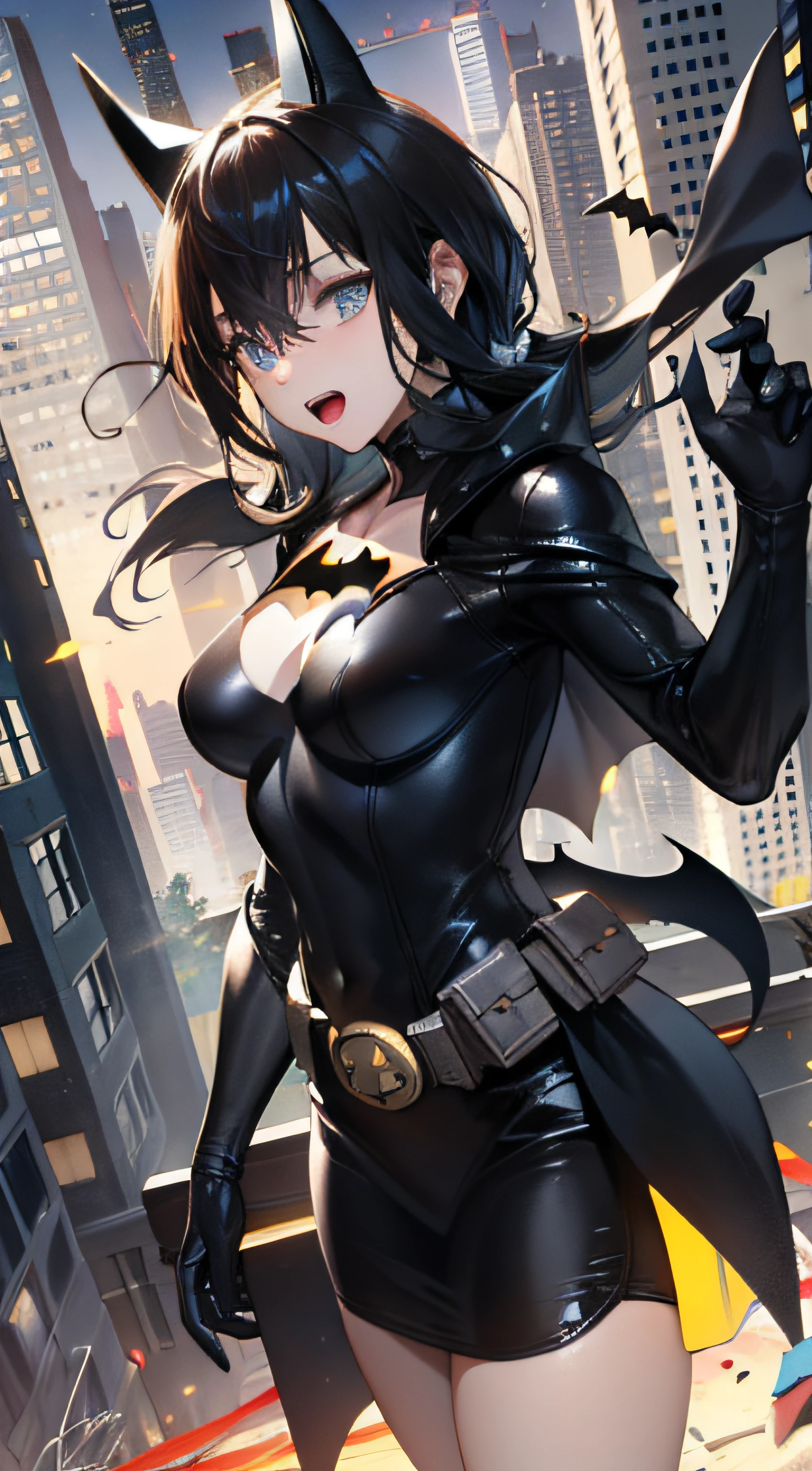 (((best qualtiy))),(((ultra - detailed))),(((tmasterpiece))),(((manga book))),Cool female superhero,Female Batman,The action is exaggerated and handsome,Batman's signature move,Dynamic,Voice bubbles,Fighting,bang between eyes,The background is the ruins of the city after the Great War,Epic cinematic footage。