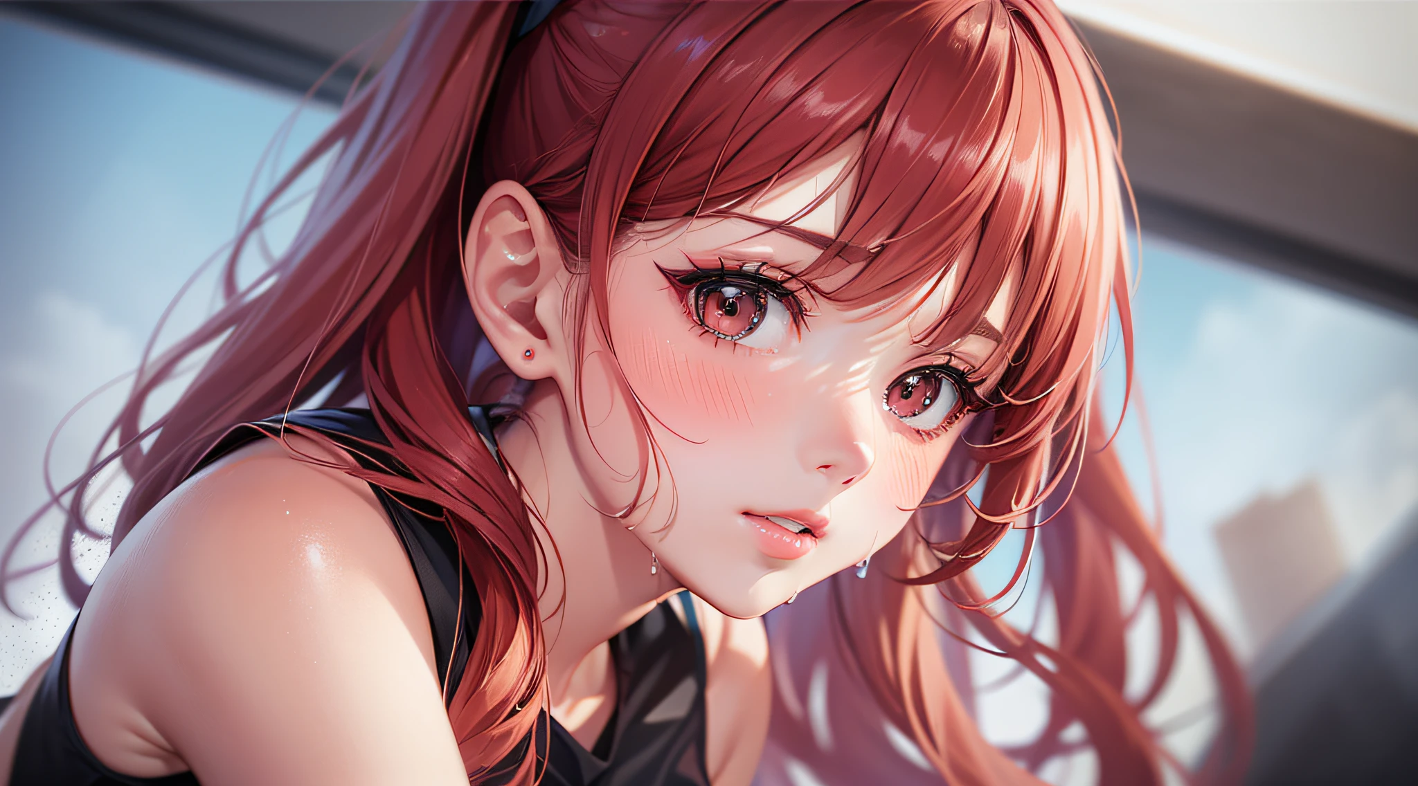 ​masterpiece:1.2、top-quality)、realisitic、(Authentic Photos、intricate detailes、depth of fields)、(1 girl in、独奏)、make - up、Parted lips、Highly detailed perfect face、(mideum breasts:1.4)、Constriction、tall、Shiny coral lips、Red hair、red eyes、poneyTail、（A girl playing volleyball、White Volleyball Uniform）、（Sweating：1.2）、（wet​）、A sexy、red blush、crouching down、spread legswide、Flexibility gymnastics、cammel toe