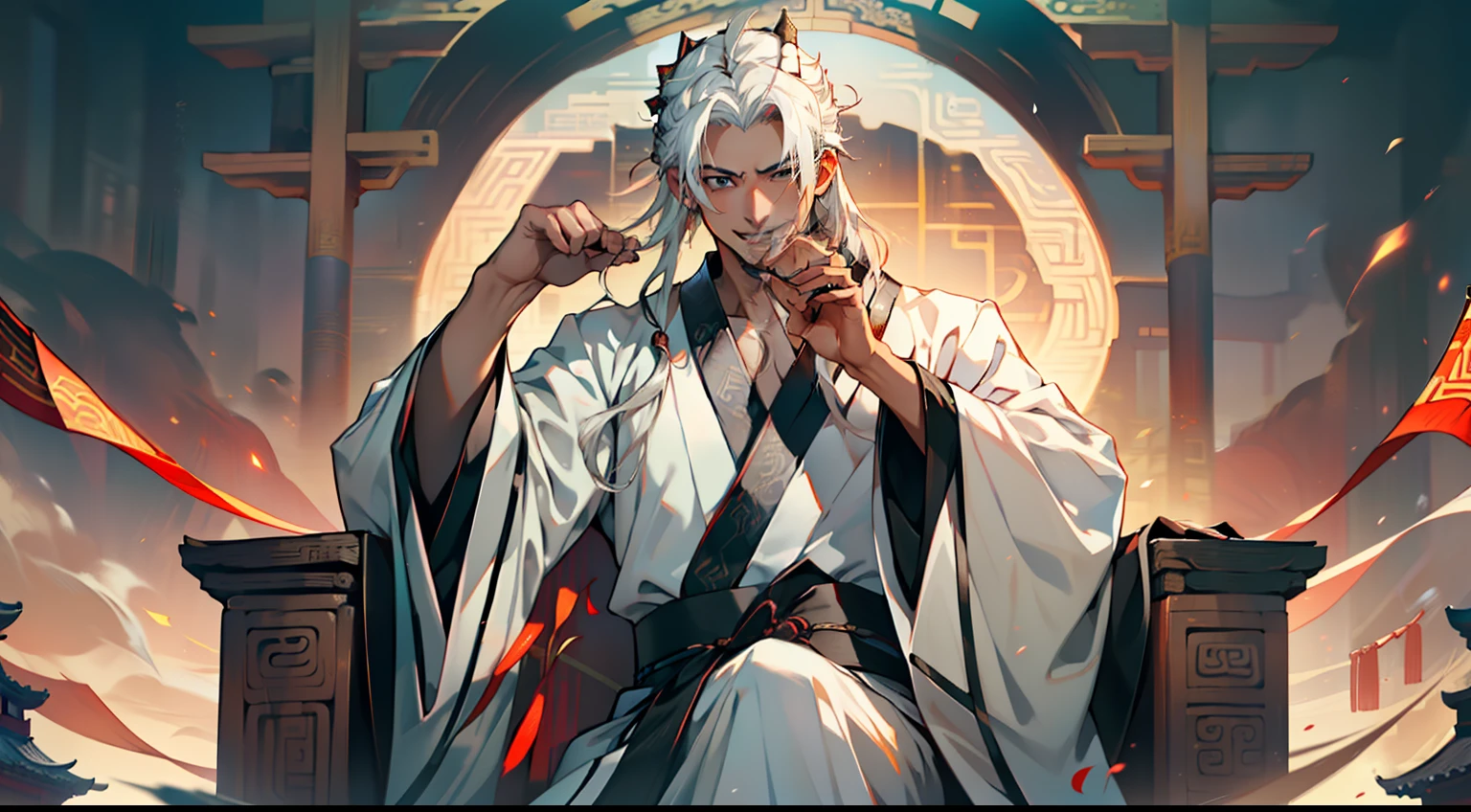 21. (1 person) The boy with (((white hair))), (((white Hanfu youth))), and (((long white hair))) sits on the sacred throne, arrogantly smiling, as if mocking the foolishness and arrogance of the boy with a (((Black coat))), (((Black Hanfu youth))), and (((Black hair))). (Background: The magnificent imperial palace of ancient China)