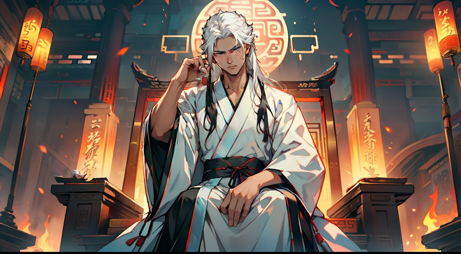 22. (1 person) The boy with a (((Black coat))), (((Black Hanfu youth))), and (((Black hair))) scans his surroundings with a gaze filled with determination, his heart burning with the flame of battle. He vows to overcome the schemes of the boy with (((white hair))), (((white Hanfu youth))), and (((long white hair))) sitting on the sacred throne. (Background: The magnificent imperial palace of ancient China)23. (1 person) The boy with (((white hair))), (((white Hanfu youth))), and (((long white hair))) sits on the sacred throne, coldly gazing at the boy with a (((Black coat))), (((Black Hanfu youth))), and (((Black hair))), his eyes shimmering with a hint of wariness and mockery. (Background: The magnificent imperial palace of ancient China)