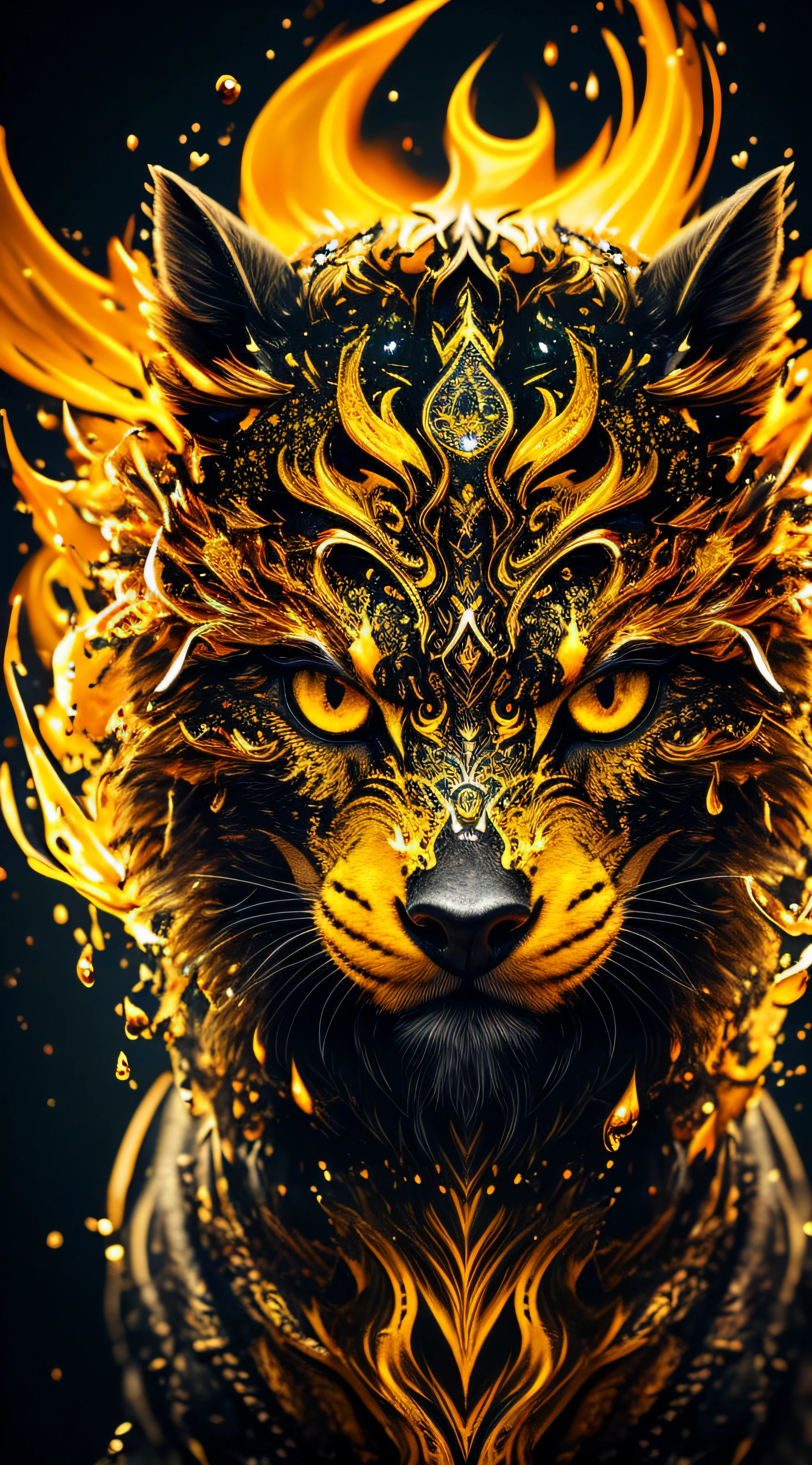 a cute little yellow fantasy animal, Hyperdetailed Eyes, Tee-Shirt Design, Line Art, Black Background, Ultra Detailed Artistic, Detailed Gorgeous Face, Natural Skin, Water Splash, Colour Splash Art, Fire and Ice, Splatter, Black Ink, Liquid Melting, Dreamy, Glowing, Glamour, Glimmer, Shadows, Oil On Canvas, Brush Strokes, Smooth, Ultra High Definition, 8k, Unreal Engine 5, Ultra Sharp Focus, Intricate Artwork Masterpiece, Ominous, Golden Ratio, Highly Detailed, Vibrant, Production Cinematic Character Render, Ultra High Quality Model --auto