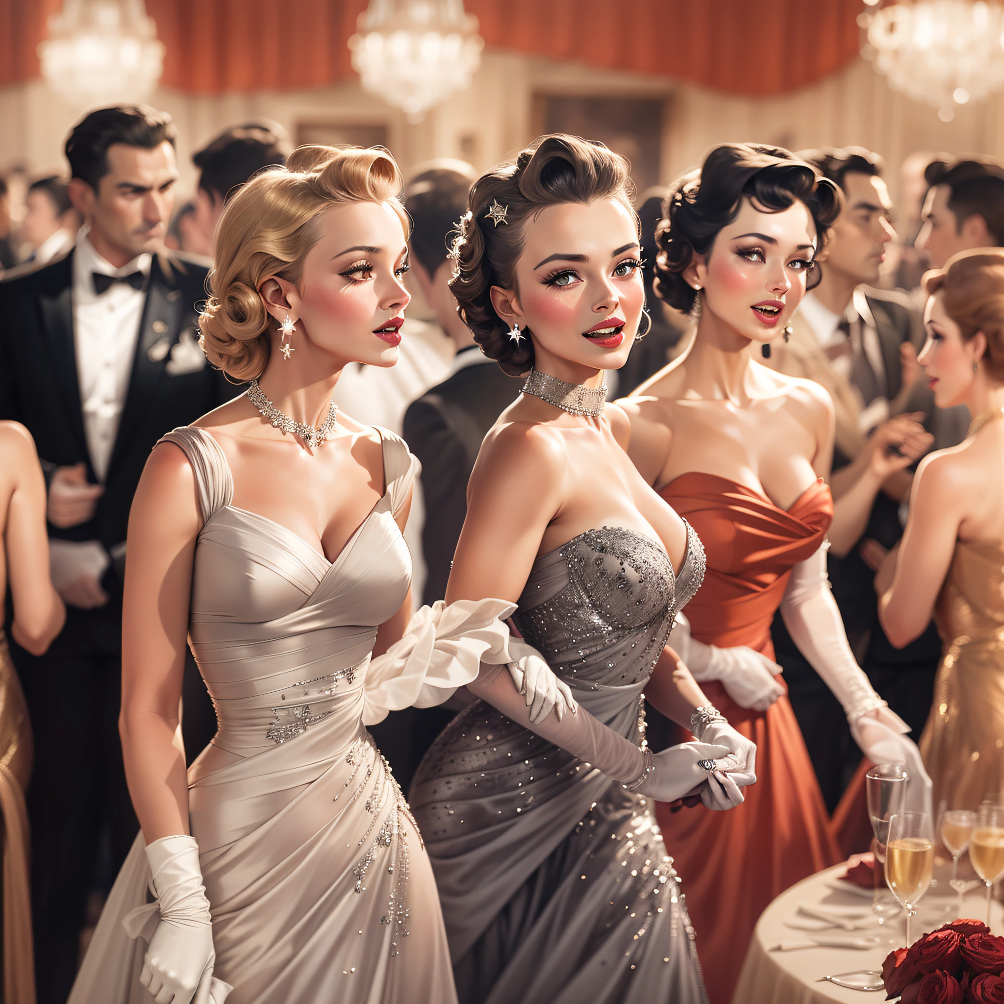 An image of a captivating vintage star, draped in a luxurious 1950s gown, mingling with other glamorous guests at a classic Hollywood party. The photo is rendered with a limited color palette, evoking the allure of old Hollywood movie sets and red carpet events.