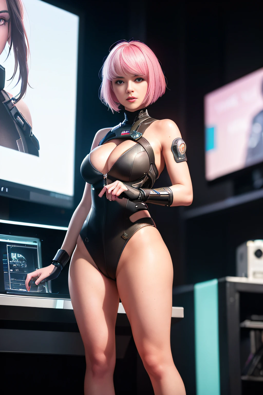 (ultra high res,photorealistic,realistic,best quality,photo-realistic),
(8k, raw photo, best quality, masterpiece),
(photon mapping, radiosity, physically-based rendering,automatic white balance),
technological sense, best quality, masterpiece, illustration,CG ,unity ,wallpaper, official art,
Amazing, finely detail, an extremely delicate and beautiful,extremely detailed,
highly detailed, sharp focus,rich background,blurry background,
(real person,photograph),
(((high detailed skin,visible pores))),1 girl,full body,(((Ghost In The Shell)))
(((face close-up,haunting smile,moist lips))),
((irises and pupils are rounded,the pupil reflects the surroundings)),
((Big eyes,perfect eyes,watery eyes)),
((short hair,pink hair,thick bangs)),
((small breasts)), ((Cyberpunk 2077,Future, City, skyscraper)), (((Neon, Display Screen, Advertising))), Night, Flooding, Reflection,Tight white combat uniform, stainless steel,LED,laser,((Data cable, optical fiber, computer,VR)),current, 25 years old woman, lean hip:1.1, rested happy face, determined look, scene from a future worker life:1.3
