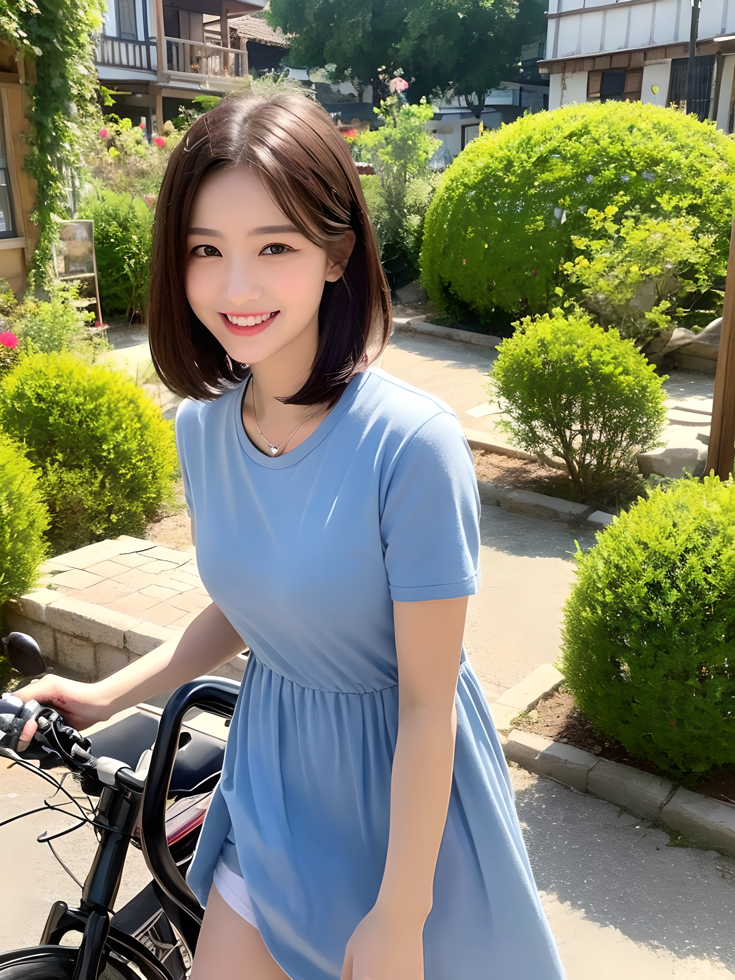 (((Best image quality,8K quality),tmasterpiece)), Drawing style tag: Natural casual hairstyle:1.2, dress detailed:1.1, The body emphasized: 1. Slender female abs:1.3, plumw:1.2, Summary of body details: Refined face:1, 二重まぶた:1, ssmile:1, Picture scene details: Beautiful village, Female life.