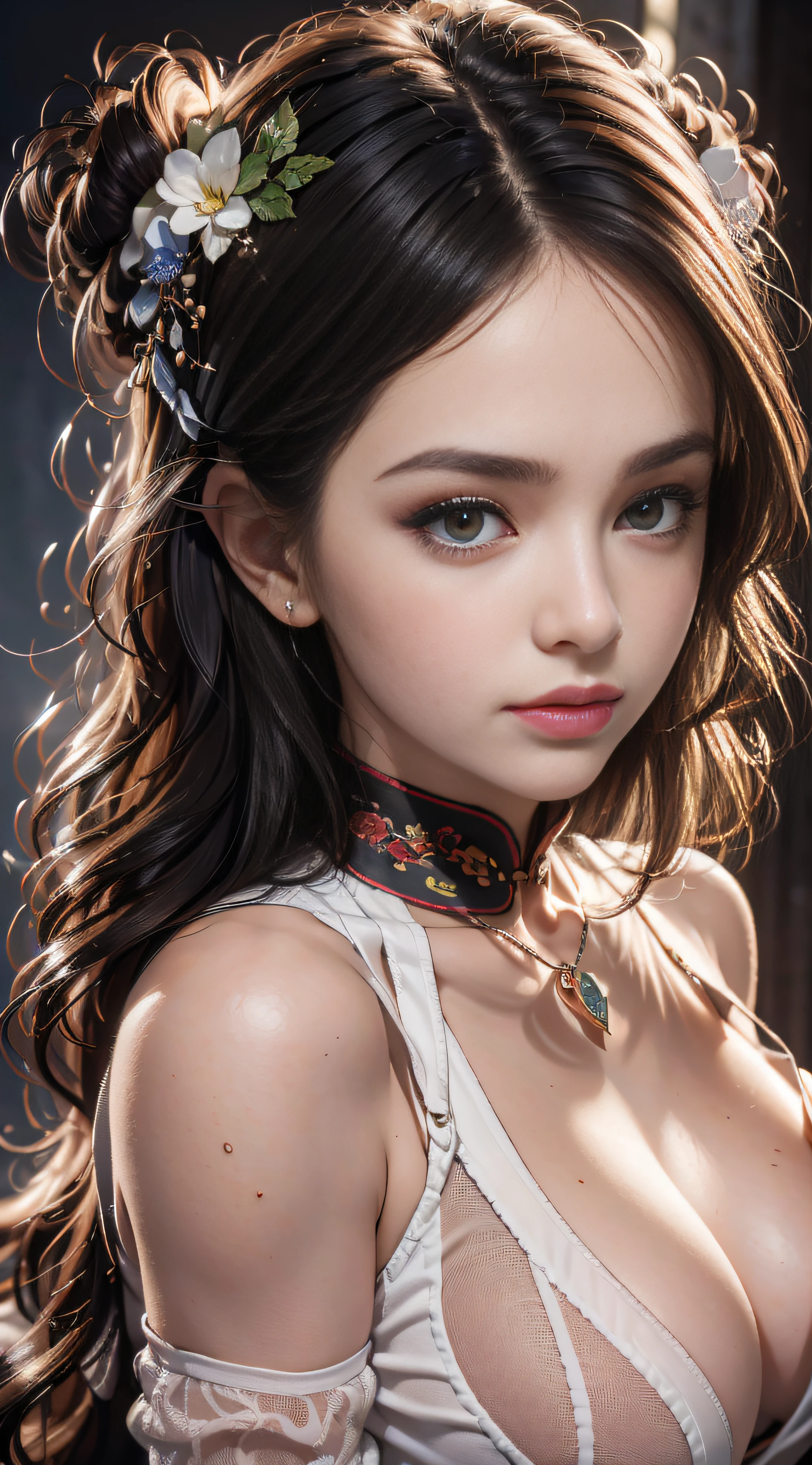 Top Quality, Masterpiece, Hi-Res, One Girl, Cheongsam, Hair Ornament, Necklace, Jewelry, Beautiful Face, Body Up, Tyndall Effect, Photorealistic, Dark Studio, Rim Lighting, Two-Tone Lighting, (High Detail Skin: 1.2), 8k UHD, DSLR, Soft Lighting, High Quality, Volume Lighting, Candid, Photography, High Resolution, 4K, 8K , Bokeh,,