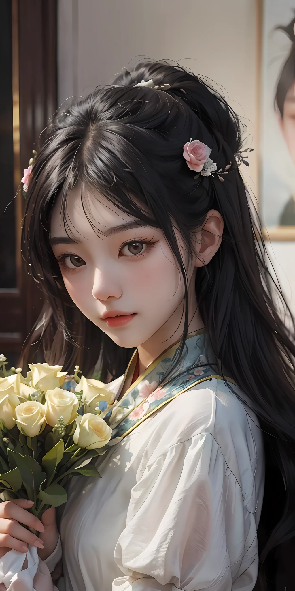 There was a girl in the room holding a bouquet of flowers, With flowers, Holding flowers, carrying flowers, Lovely woman, A young Asian woman, a cute young woman, cover photo portrait of du juan, Young Asian girl, wanting, high quality portrait, Young Asian woman, Chinese girl, shaxi