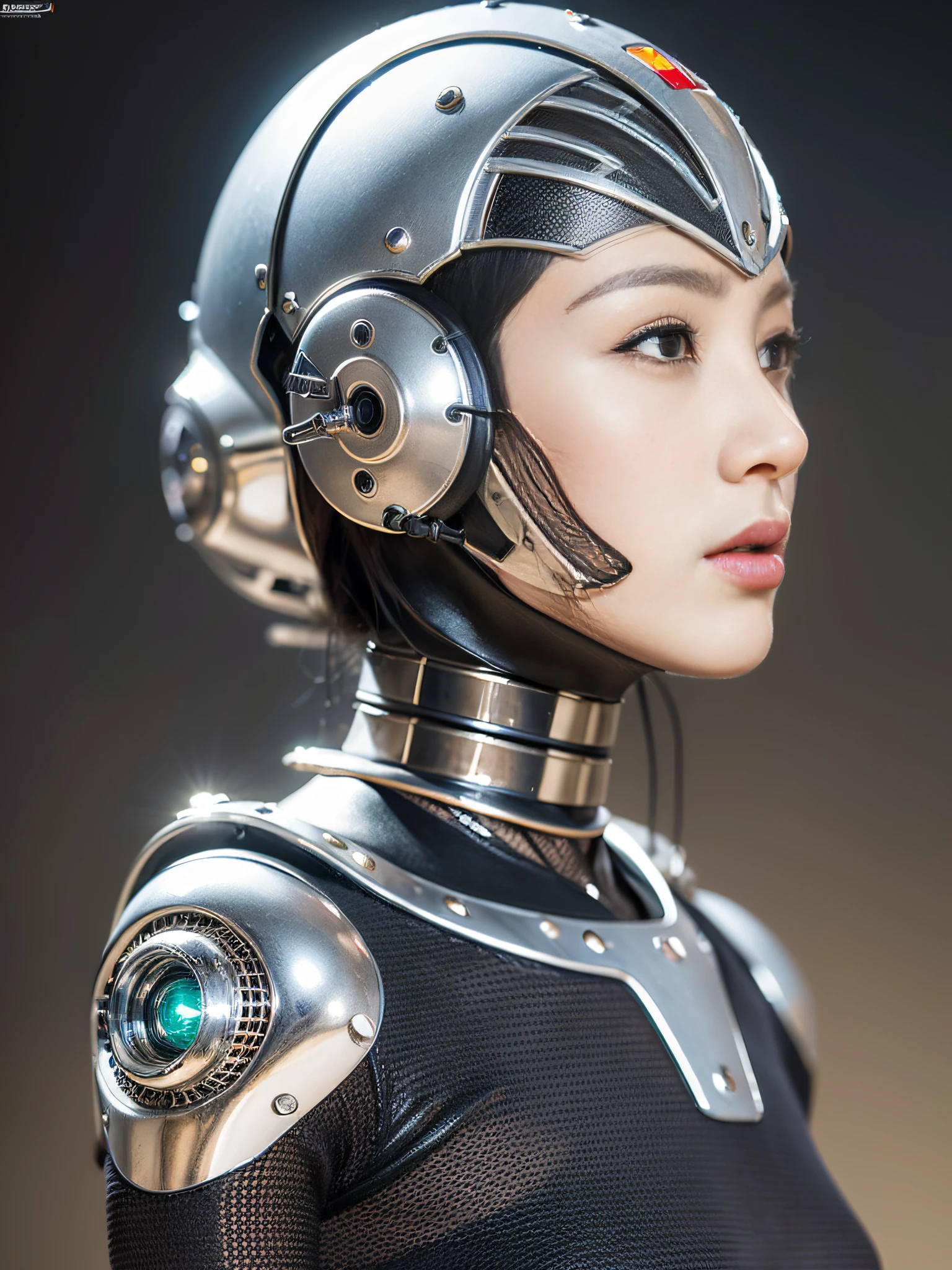 Intricate 3d rendering of highly detailed beautiful ceramic silhouette female robot face, robot, robot part, 150 mm, beautiful studio soft light, rim light, vibrant details, luxurious cyberpunk, lace, surreal, anatomy, facial muscles, cables wires, microchip, elegant, beautiful background, octane rendering, HR Giger style, 8k, best quality, masterpiece, illustration, very delicate and beautiful, very detailed, CG, unity, wallpaper , (fidelity, fidelity: 1.37), amazing, fine detail, masterpiece, best quality, official art, very detailed cg unity 8k wallpaper, absurd, unbelievably absurd, robot, silver helmet, full body