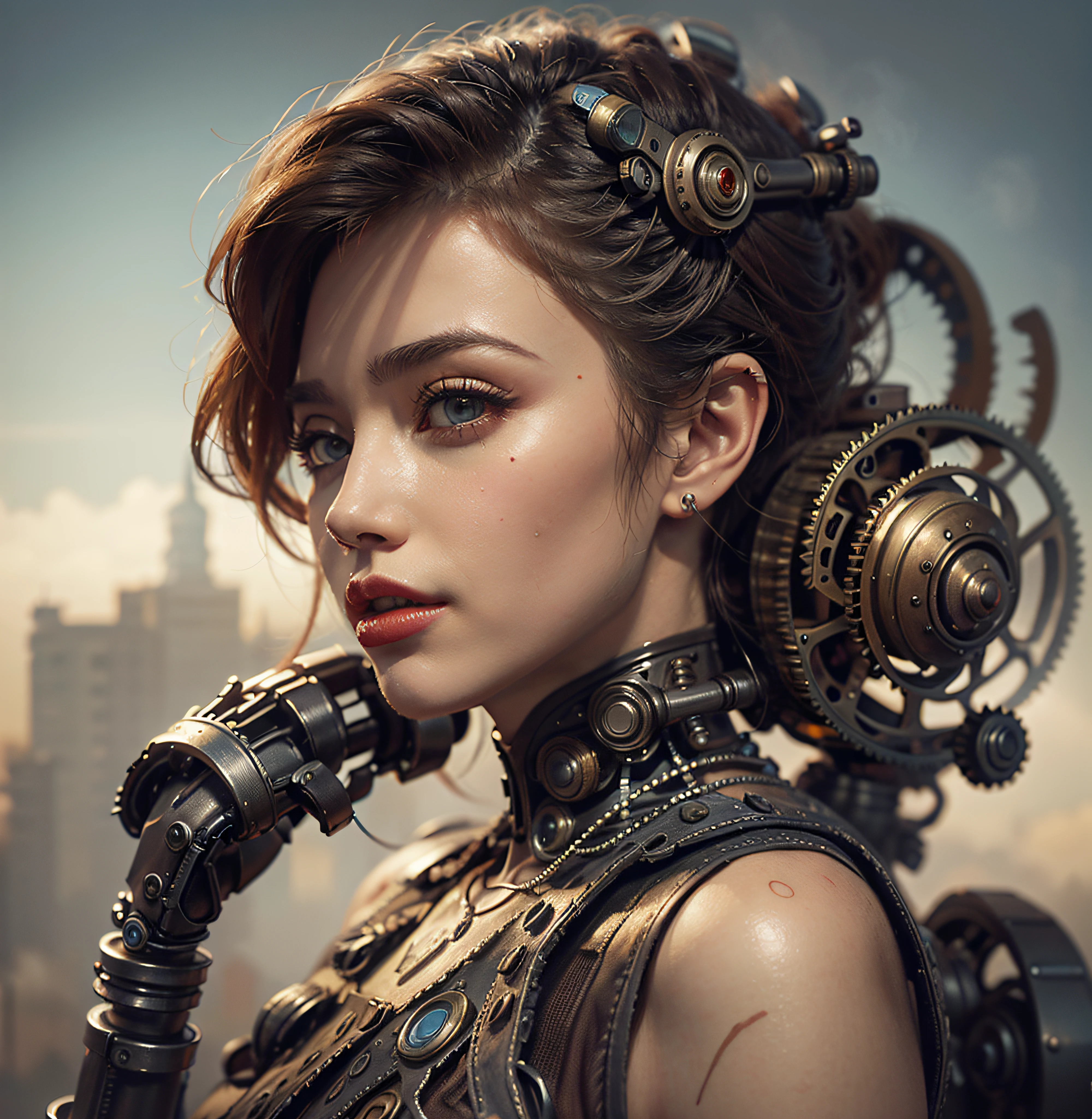 There's a woman with gears attached to her head with steam, Portrait of a mechanical woman, Arte digital 4K realista, Arte digital 4K realista, Wojtek FUS, Arte digital altamente detalhada em 4k, Cyber Steampunk 8K 3D, arte steampunk digital, Arte digital realista 8k, Arte digital detalhada em 4k, Arte cyberpunk 8K ultrarrealista, arte conceitual ultra realista,