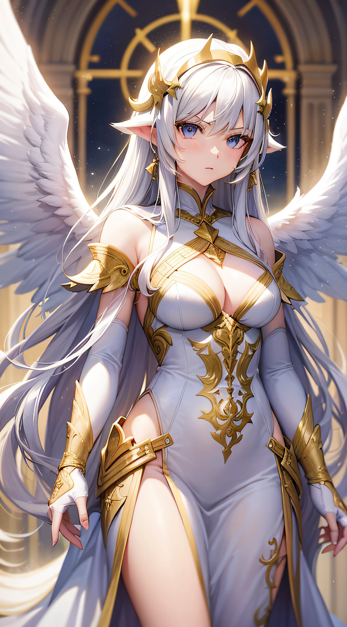 white  clothes，white long curly hair，angelicales，White wings，gold filigree，serious