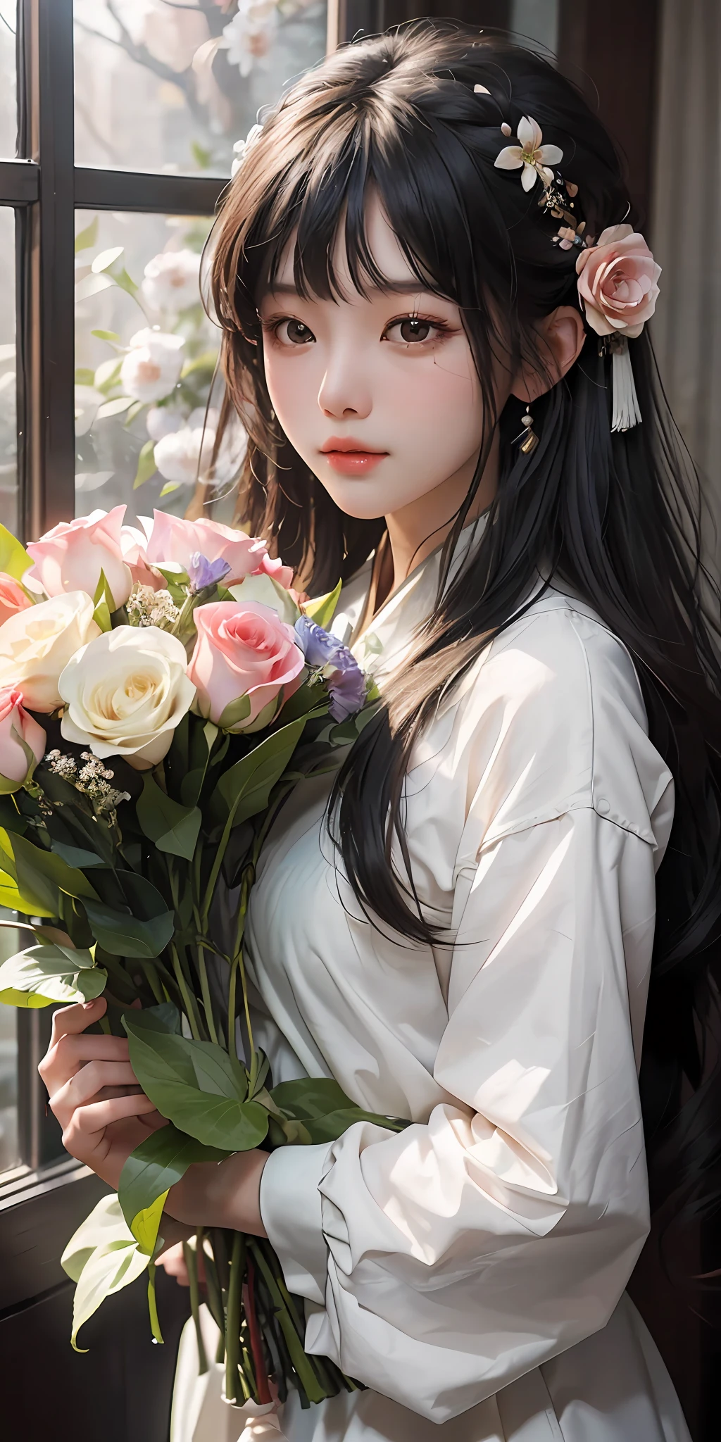 There was a girl in the room holding a bouquet of flowers, With flowers, Holding flowers, carrying flowers, Lovely woman, A young Asian woman, a cute young woman, cover photo portrait of du juan, Young Asian girl, wanting, high quality portrait, Young Asian woman, Chinese girl, shaxi