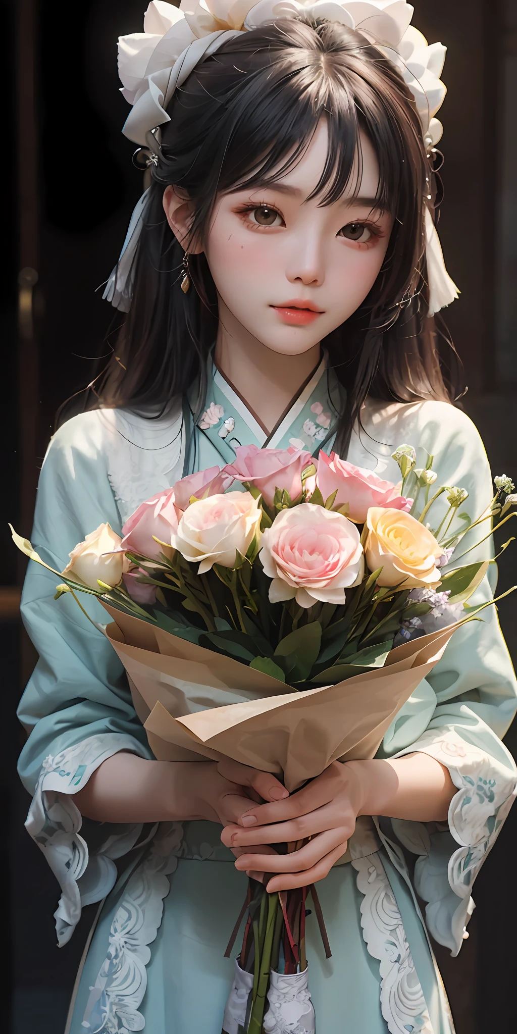 There was a girl in the room holding a bouquet of flowers, With flowers, Holding flowers, carrying flowers, Lovely woman, A young Asian woman, a cute young woman, cover photo portrait of du juan, Young Asian girl, wanting, high quality portrait, Young Asian woman, Chinese girl, shaxi