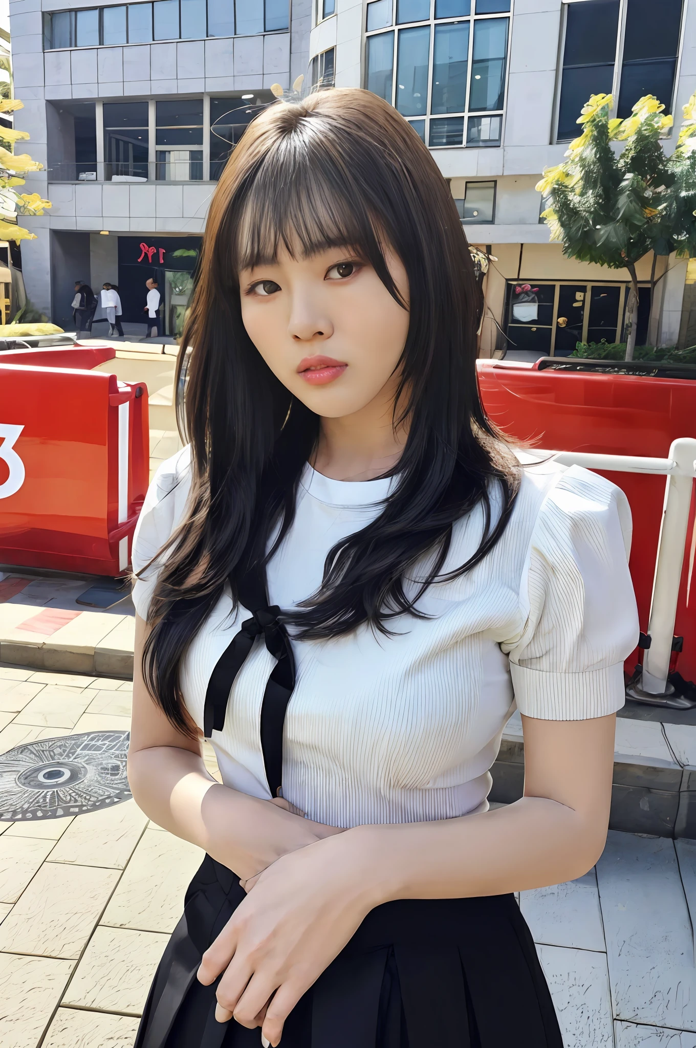 Asian woman in arafe in white shirt and black skirt poses for photo, tzuyu from twice, neat hair with bangs, sakimichan, jaeyeon nam, Hot with shining sun, white hime cut hairstyle, Larisa Manobal, Realistic Young Gravure Idol, ulzzangs, She has black hair with bangs, With bangs