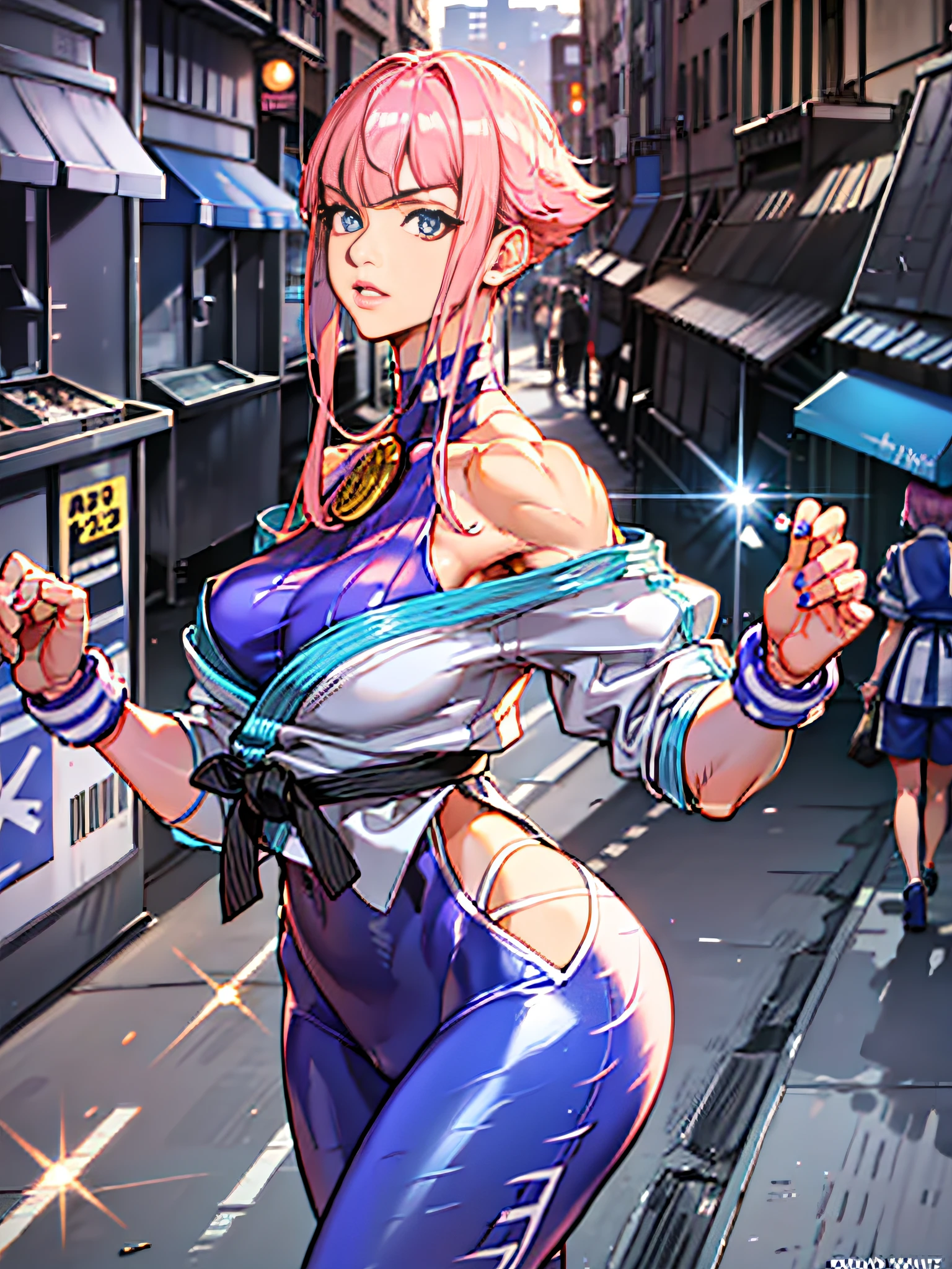 ((Best Quality, 8K, Masterpiece: 1.3)), ((A Manon who conforms to the official Street Fighter 6, doing the action of the opening of the game)), short pink shiny hair, (Manon wearing a Street Fighter 6 costume), European Frenchman, 175cm, 30 years old, detailed face, detailed skin texture, (big eyes: 1.2 long eyelashes), long legs, perfect body proportions, mid-chest, (fitness figure, with obvious muscles), pink nails, perfect facial features, symmetrical face, three-dimensional, full of confident eyes sparkling, best light, ray tracing, photon mapping, (in the distance is the Eiffel Tower in Paris, walking the red carpet in front of the palace, like a star shooting a magazine, the focus of the whole scene, there are super many reporters on both sides of the red carpet, lively lights in Paris at night), (movie lighting), official illustrations, CG of game characters, (fine modeling, texture of clothes), (overhead shot, close-up of faces, shooting angles from top to bottom), complex reflections, there are light particles on the characters shining, (Shiny Glitter on Body: 1.6), there were Street Fighter 6's Ken and ChunLi in the crowd