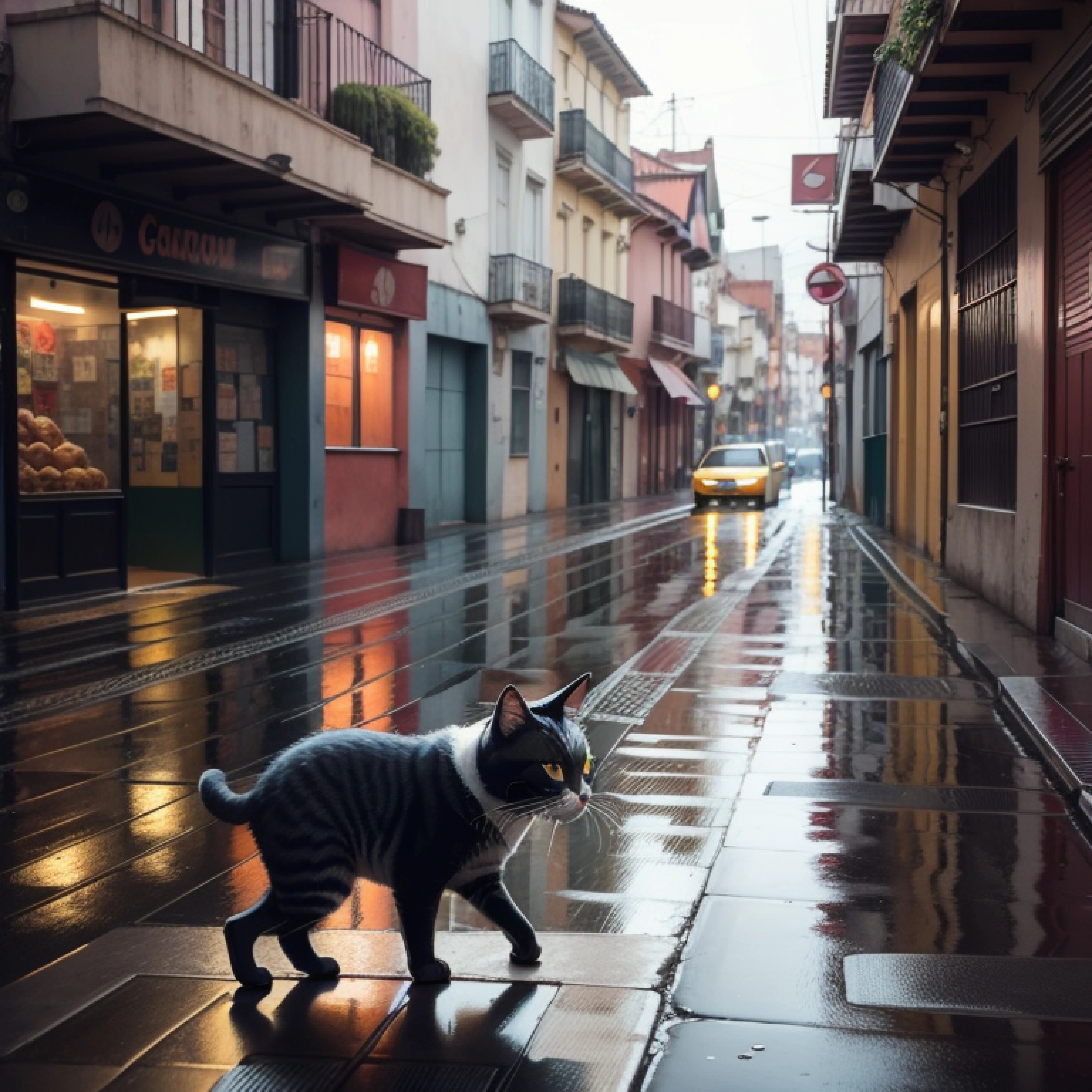 Un misterioso gato vagando por las calles de la ciudad bajo la lluvia --auto