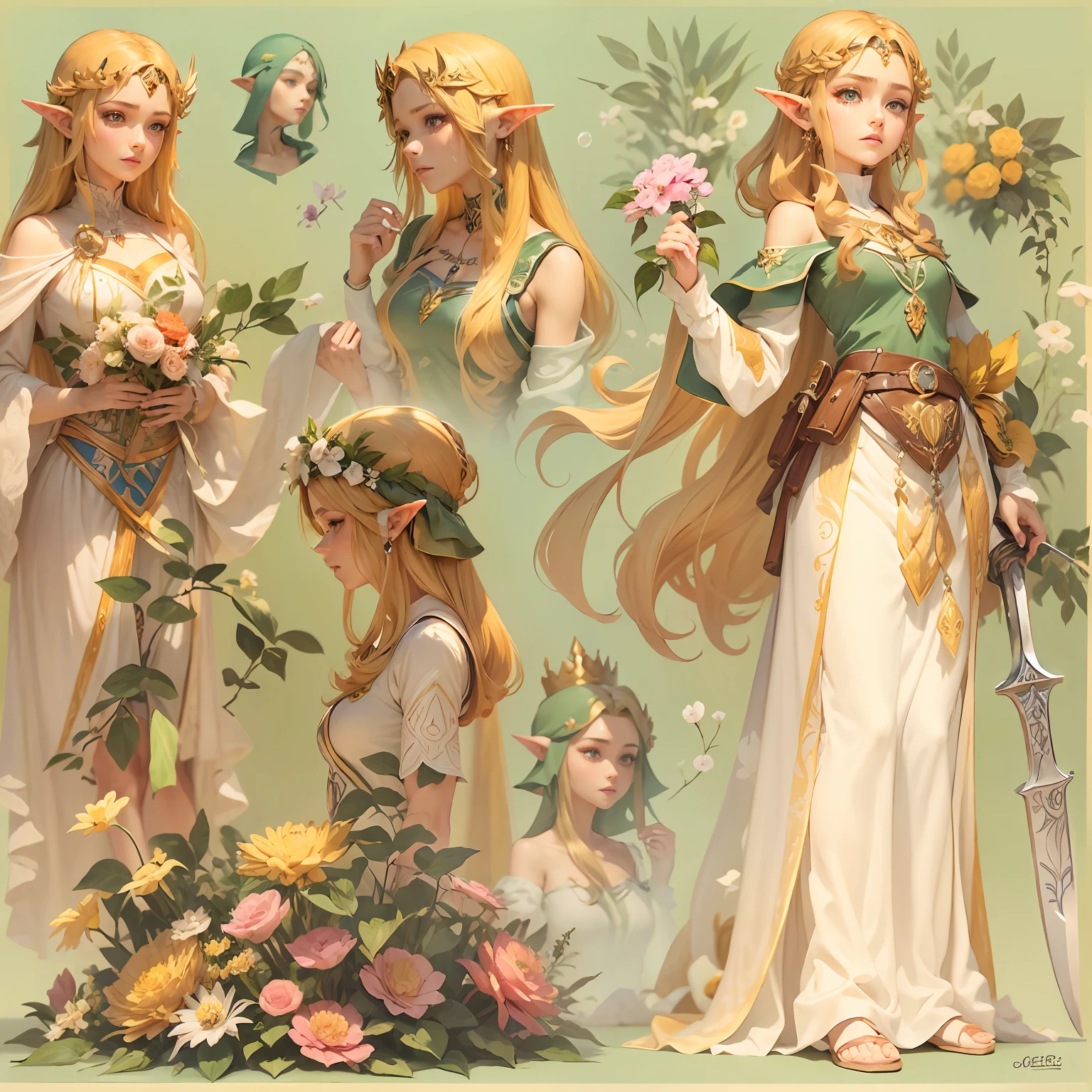 gerar a imagem dos personagens Link e Zelda sentados em uma rocha, desfrutando da natureza. Both should be happy and Zelda should be holding a flower in her hand, The flower will be the (Princesa silenciosa), a flor favorita do personagem. Link deve usar uma bela roupa de cavaleiro, with gold-engraved details of the symbol of his kingdom, sua principal roupa do jogo (Kingpin's Tears). Zelda deve usar um belo vestido de seu reino. o (espada mestra), Espada de Link, deve estar ao seu lado. disco Rigido, Beautiful, Corpo Perfeito, vista perfeita, olhos perfeitos.