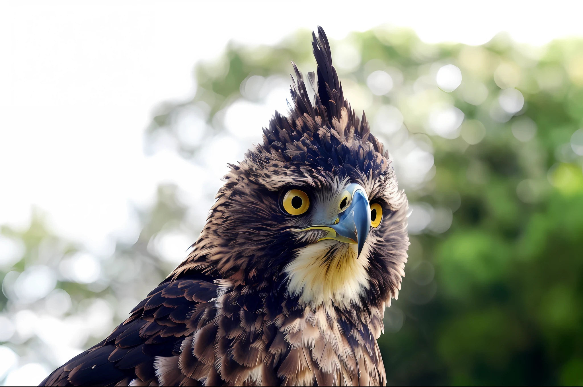 there is a bird that is sitting on a tree branch, hawk bird face, with the beak of an eagle, olhar curioso, head of an eagle, staring directly at camera, hard predatory look, retrato frontal, retrato closeup, bico preto longo e espesso brilhante, staring directly at camera, foto de retrato em close-up, feathered head, olhar intimidador, feroz - olhando
