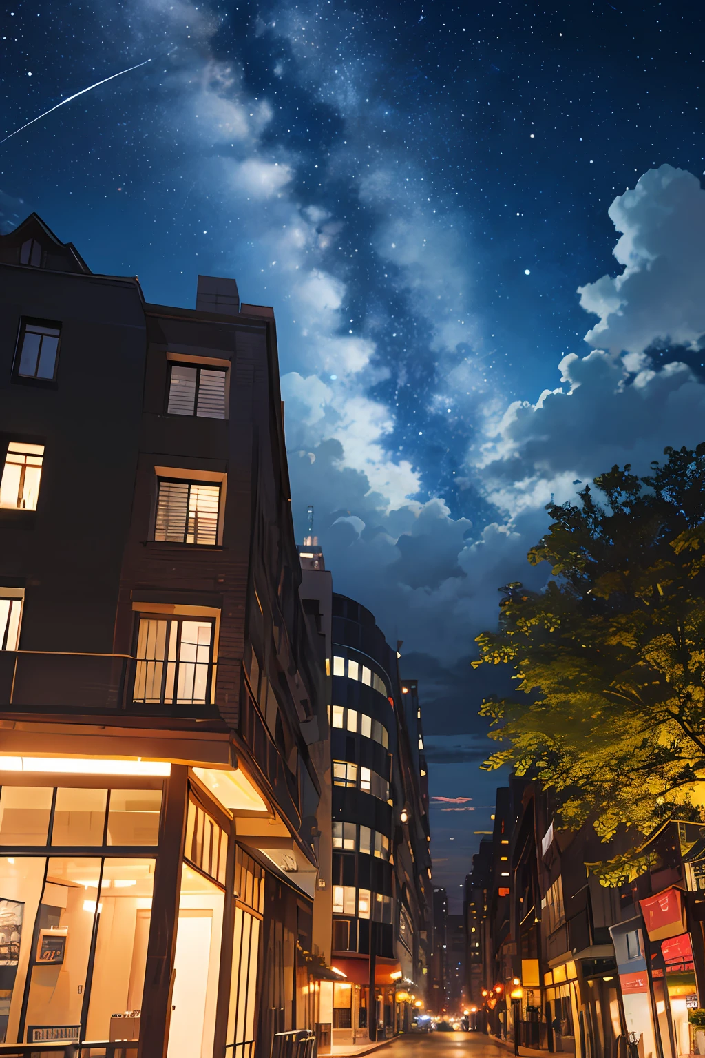 octans, sky, star (sky), scenery, starry sky, night, 1girl, night sky, solo, outdoors, building, cloud, milky way, sitting, tree, long hair, city, silhouette, cityscape