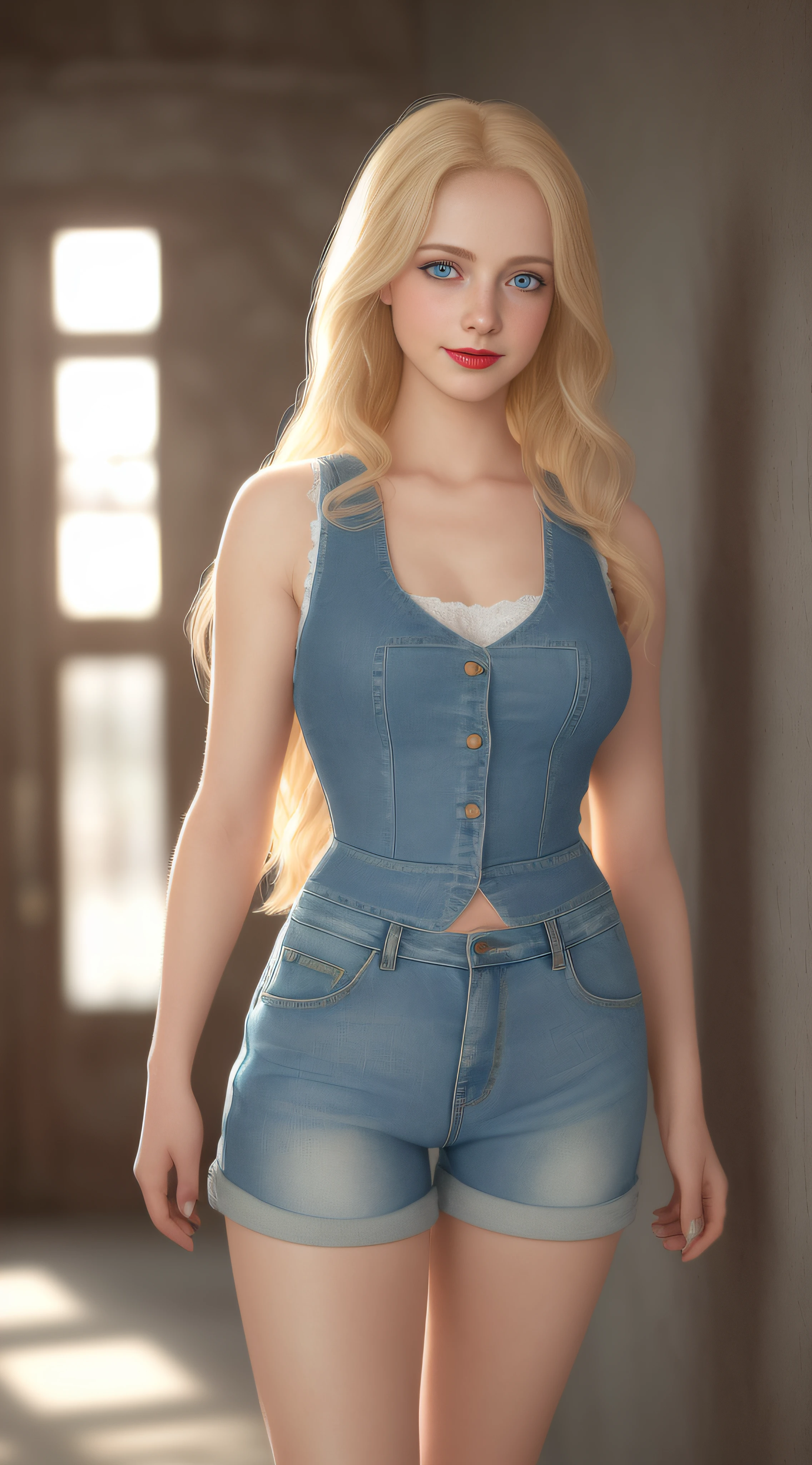 1 girl, (1 18-year-old girl), (full bodyesbian), (Arms at both sides of the body:1.2), (realisticlying:1.7), ((Best Picture Quality)), hoang lap, (超高分辨率), (真实感: 1.6), Photoreality, octane render, (hyperrealistic:1.2), (Photorealistic faces:1.2), (realistic skin texture), (illustration, wallpaper), ( Beautiful eyes:1.2), ((((face perfect)))), (adolable), (Light smile), (standing on your feet), (blond hairbl), (long whitr hair), eBlue eyes, (Blue bubble camisole vest:1.1), (Redlip:1.1), (denim short:1.1), high-heels, exteriors, frontage, cinematic lighting, (8k), (4k), (Masterpiece)