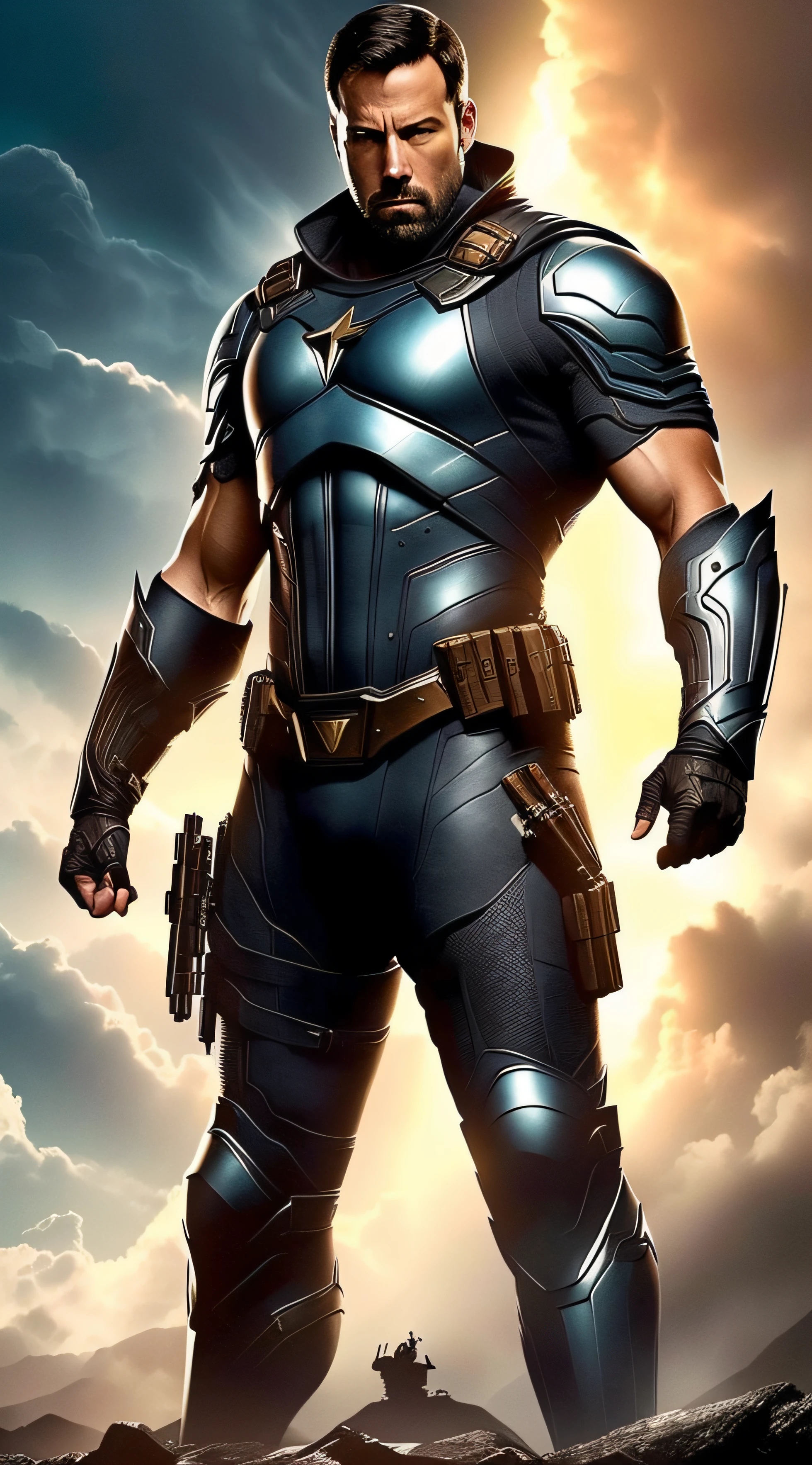 ((melhor qualidade)), circunstanciado, ((atraente, mas de bom gosto))Ben Affleck como um guerreiro masculino, vestindo armadura da era vitoriana,, ((Fantastic pose)), ((corpo flexionado)), ((um toque de sensualidade)),((Background Story: A sky full of clouds)), ((lowkey lighting)). --auto