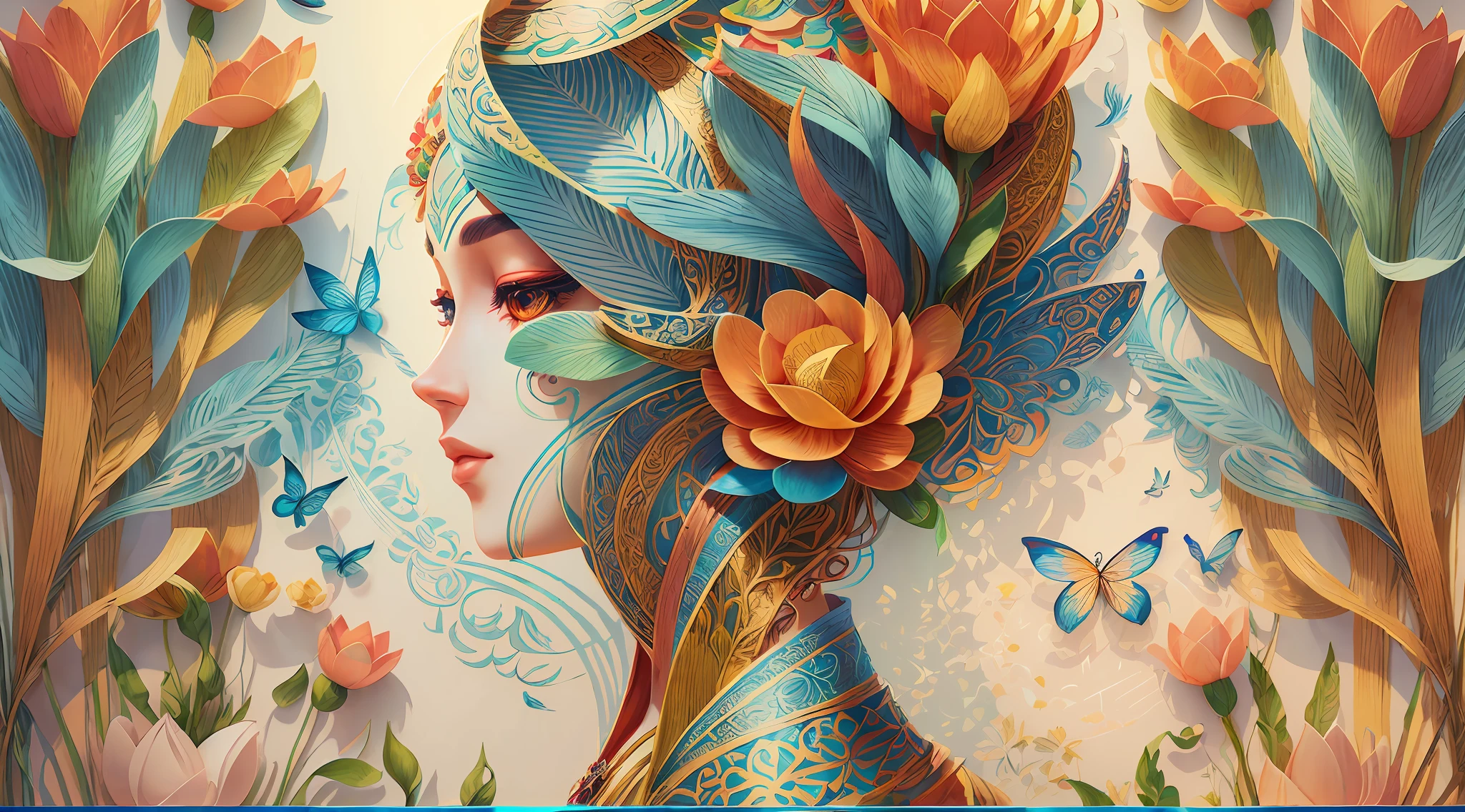(illustration:1.3),summertime, paper art, 3D rendering of, Colorful, Beauty side face, lotuses, Lines, Best quality, Detailed details, Masterpiece, offcial art, Cinematic lighting effects, 4K,