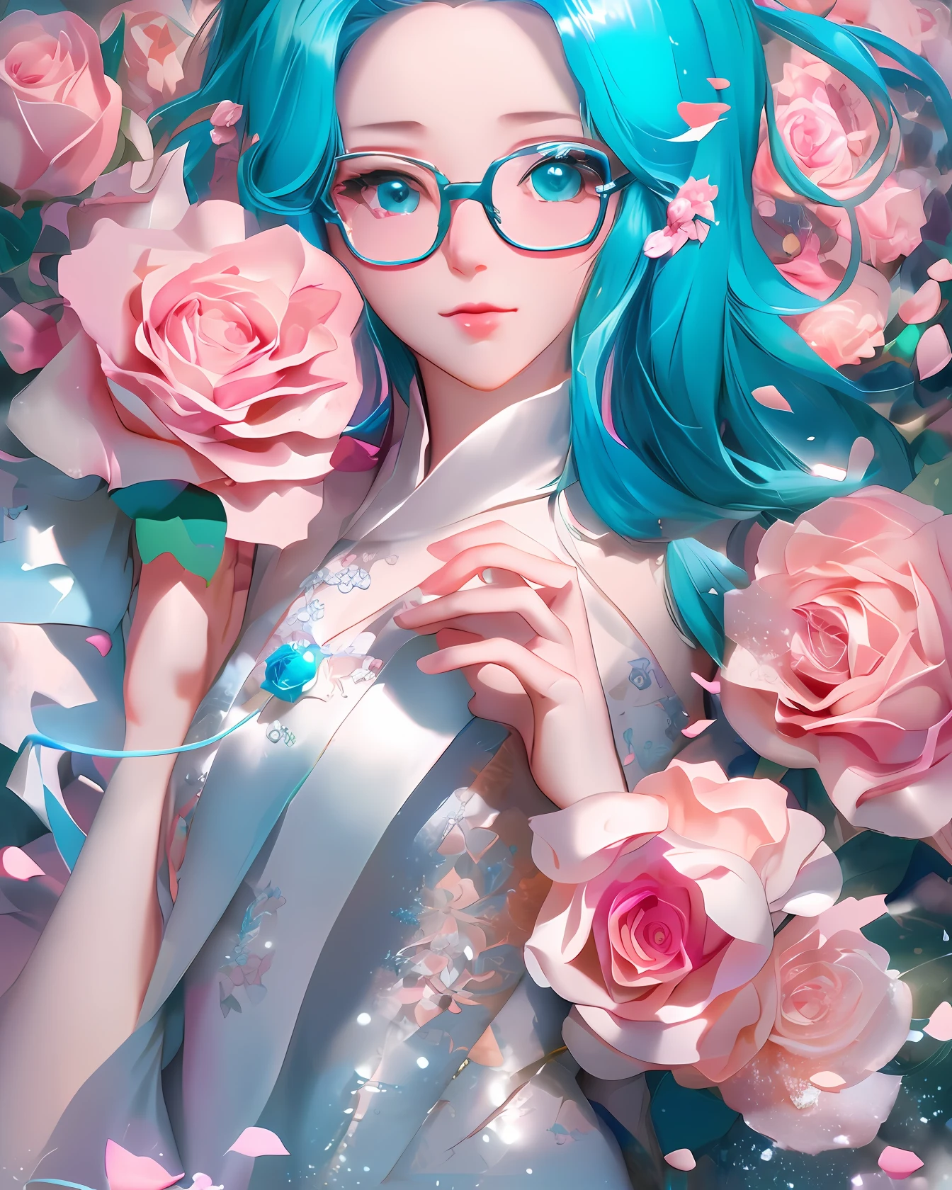 anime girl with blue hair and glasses holding pink roses, with flowers, ethereal flowerpunk, anime girl with teal hair, with frozen flowers around her, inspired by Yanagawa Nobusada, by Yanagawa Nobusada, dreamy psychedelic anime, decora inspired illustrations, anime vibes, soft anime illustration, digital anime illustration, inspired by Yumihiko Amano,masterpiece, best quality, (extremely detailed CG unity 8k wallpaper), (best quality), (best illustration), (best shadow), absurdres, realistic lighting, (Abyss), beautiful detailed glow