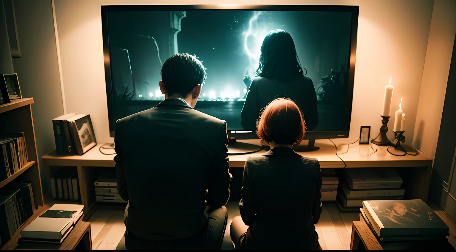 Scene in the style of hp lovecraft of a couple seen from the back, watching television at night --auto