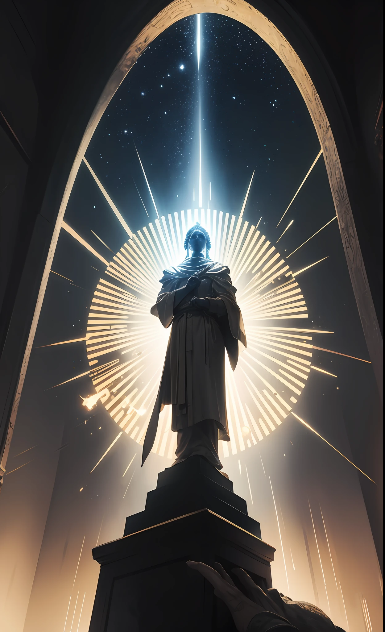 Um templo com colunas gregas interior em estilo maconico , no centro um vasto pedestal sustentando uma dorada estrela de tetraedro, cujo cerne rutila com uma luz coruscante e esverdeada. No chao quadriculado de preto e branco uma cirfa adaga de prata. Hyperrealistic and cinematic, noir,