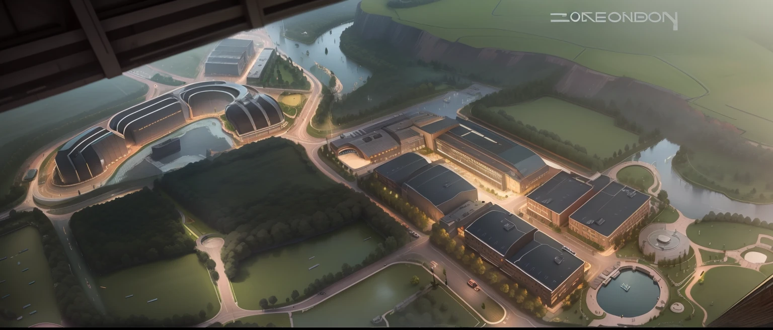 industrial architecture, It covers an area of 300 acres, 24 meters building height, Production area and office area, morden style, Large area of floor-to-ceiling windows, The water system in the park surrounds the buildings, vale, mountain stream, water feature, Garden design, Modern façade, modern, from above, UHD --auto