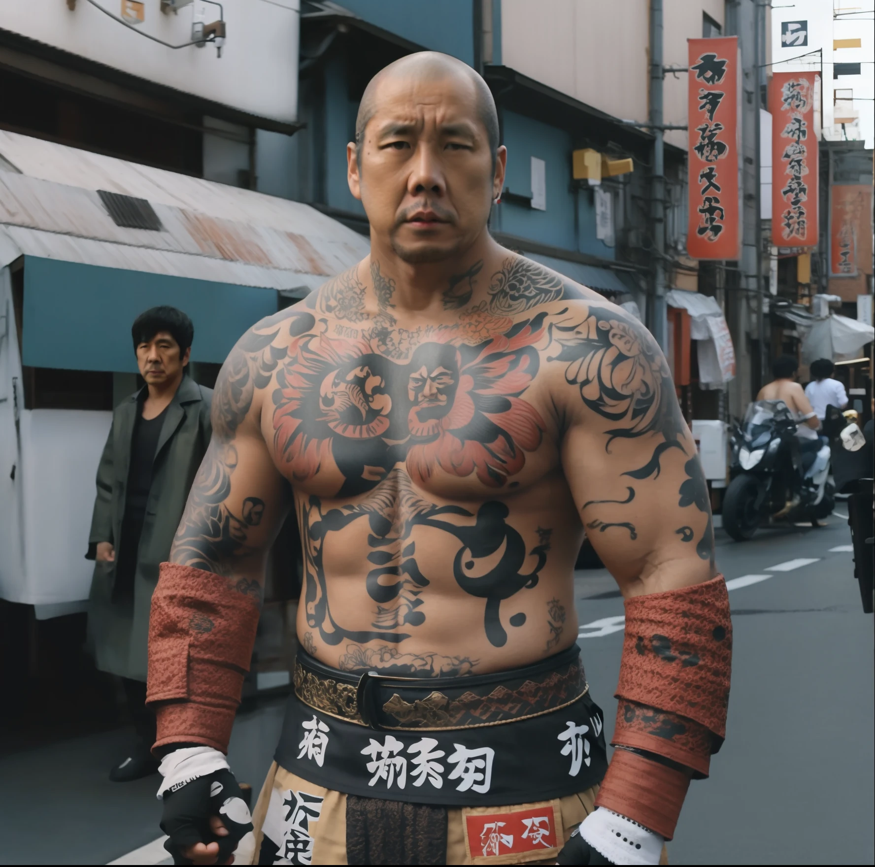 Man with tattoos on his chest and arms standing on the street, tatuagem Yakuza no corpo, Montanha, Yakuza, Samurai de rua, japanese cyborg, Arte Jiro Matsumoto, simetria!! Retrato de Akuma, Yuji Himukai, Hiroya oku |, masami kurumada, como personagem em tekken, Yusuke Nakano, Sumo wrestler