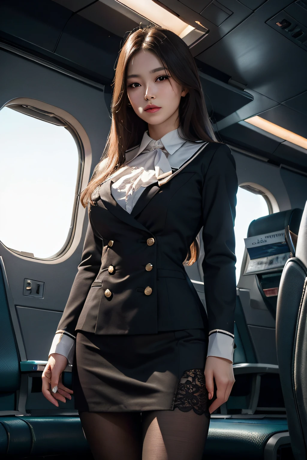 best quality, masterpiece, 8k, ultra high res, (photorealistic:1.4), highly detailed, intricate detail, delicate and beautiful, good lighting, professional lighting, sharp focus, detailed shadows, exquisite details and textures, depth of field, unity 8k wallpaper, cinematic composition, cinematic lighting, official art, Cabin Crew, flight attendant, black pantyhose, (aircraft, (Aircraft Corridor), Aircraft seats) beautiful elegant face, detailed face, detailed eyes, realistic hair, long hair, (1girl), (standing:1.3),