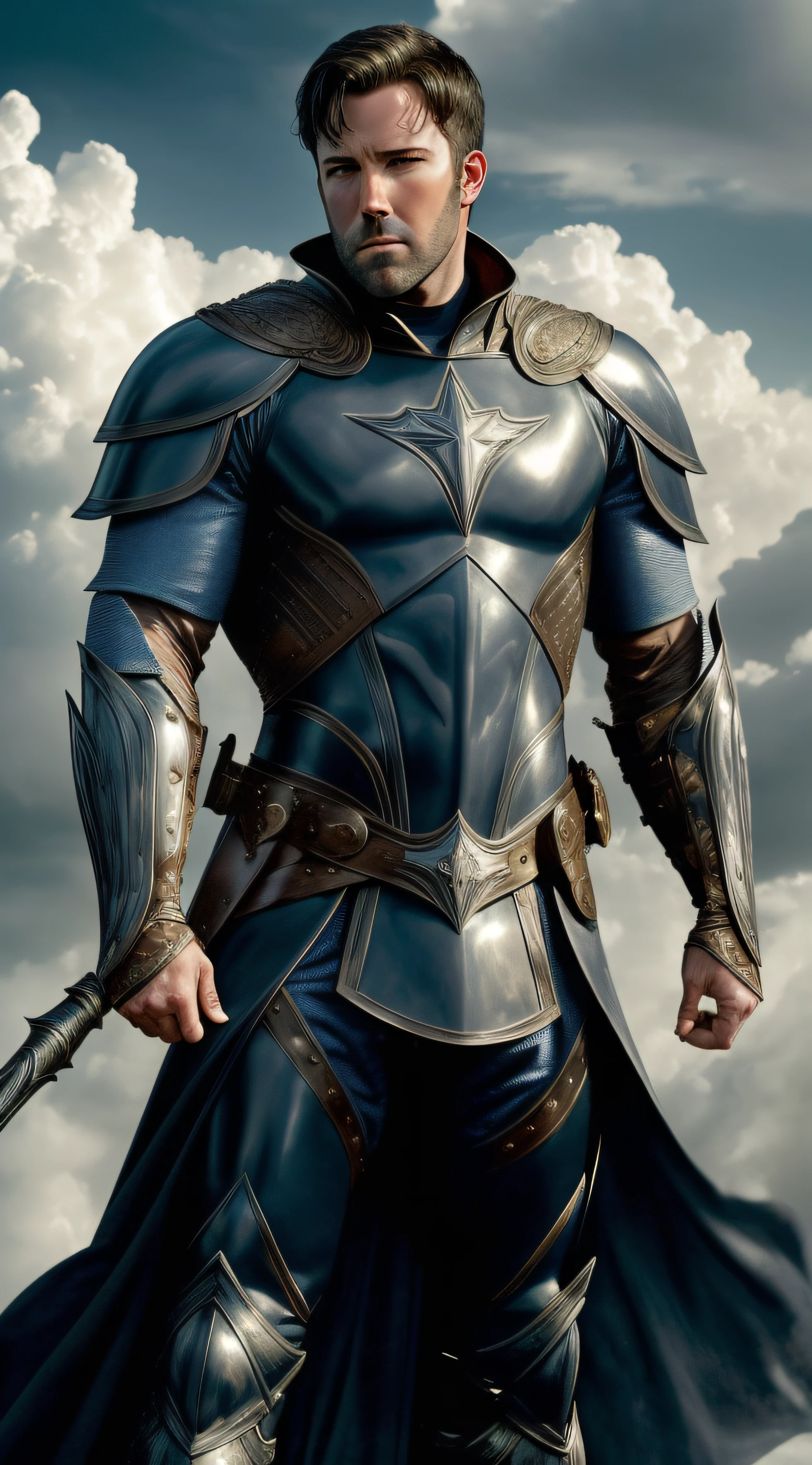 ((best quality)), detailed, ((attractive but tasteful))Ben Affleck as a male warrior, wearing Victorian-era armor,, ((fantastic pose)), ((body flexed)), ((a touch of sensuality)),((background: a sky full of clouds)), ((discreet lighting)). --auto