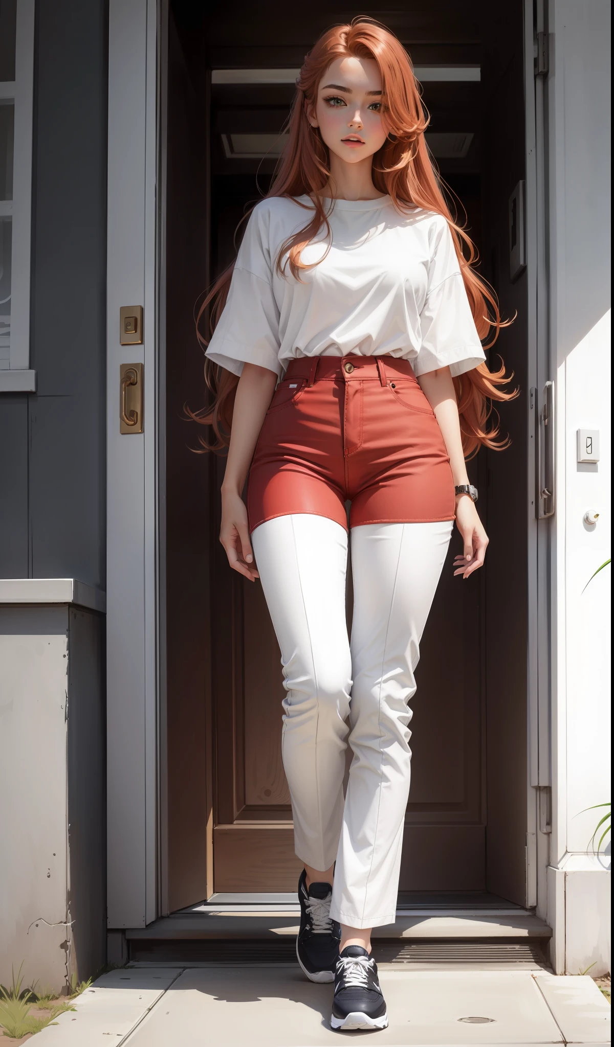 a woman in a white shirt and red pants is playing video game, simple style, wearing elegant casual clothes, muted red, simple clothes, milk and red style, casual clothing style, modern fashion outfit, wearing a fisher , casual modern clothing, inspo, red clothes, red pants, neutral tones, rred and white color scheme, casual business outfit, scary face, nike shoes, ************, adult face, long hair, ((Auburn hair))