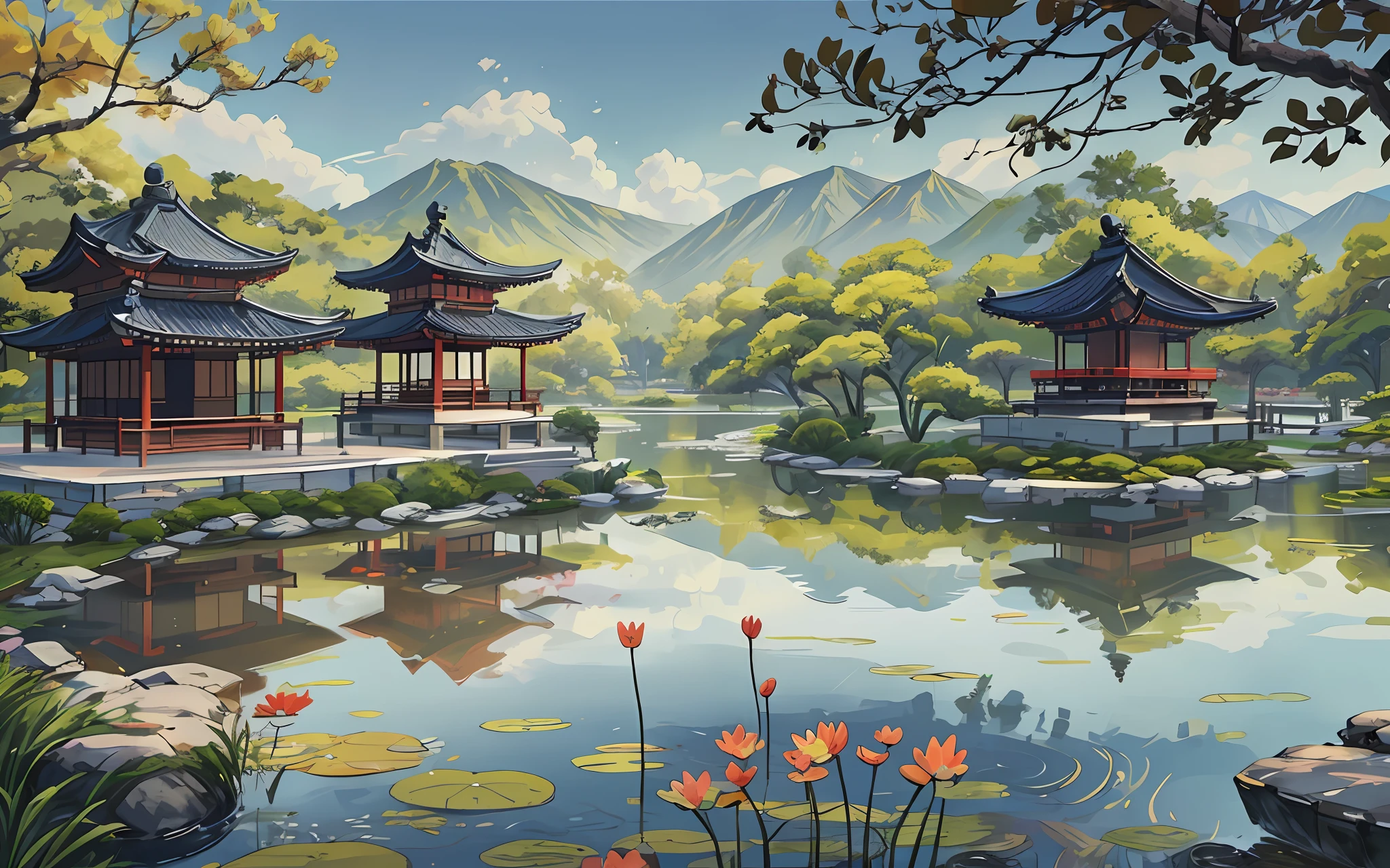 Painting of a Japanese garden with a pond and pagoda, Paisaje chino, detailed scenery —width 672, Pintura digital de una pagoda, Estilo de acuarela china, Paisaje tranquilo, Paisaje dichoso, Obras de arte de paisajes, Antecedentes del templo zen, a beautiful artwork illustration, Paisaje sereno, scenery art detailed, Estanque de lotos, dreamy chinese town, Estilo de arte G Liulian, serene illustration