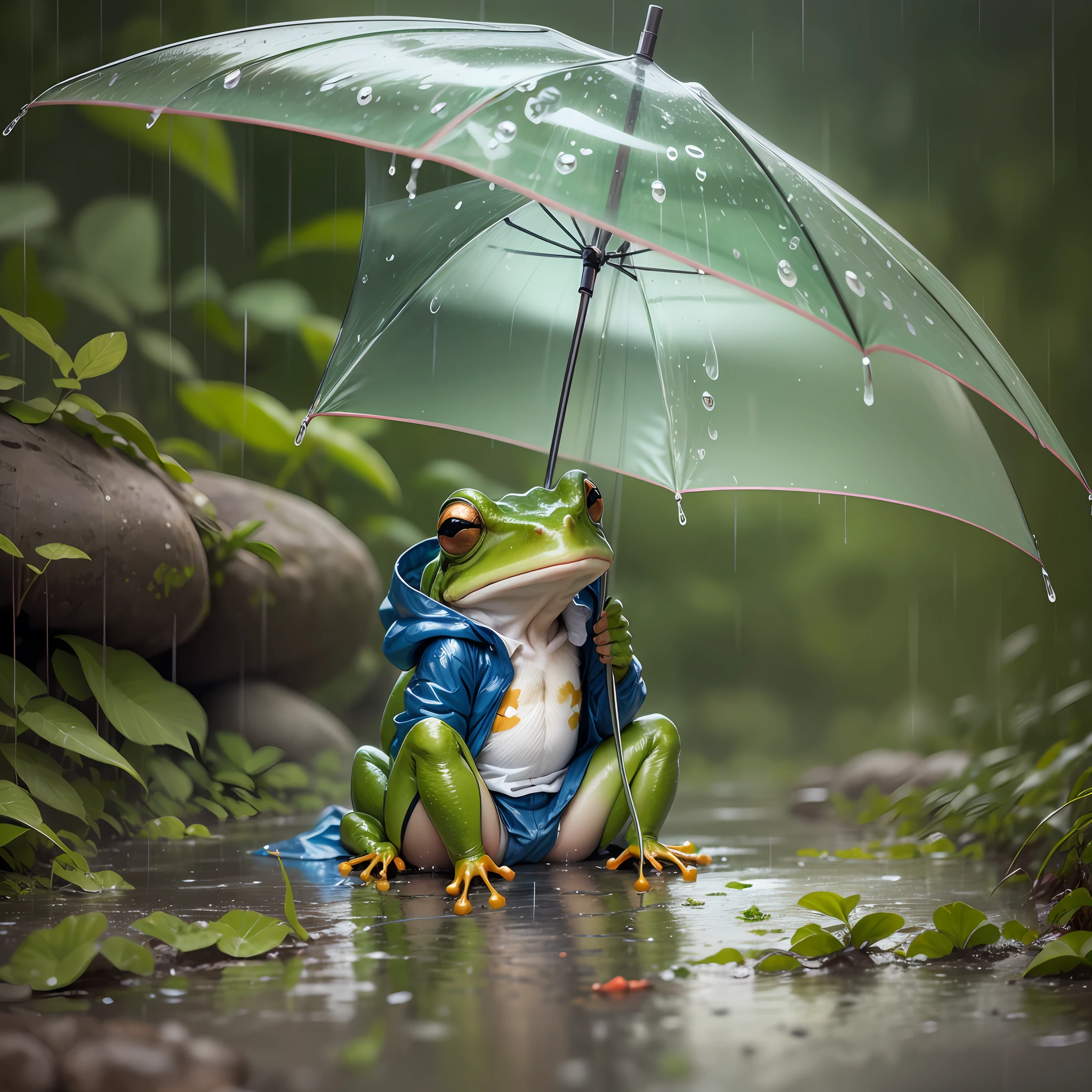 frog sitting in the rain with a rain coat --auto --s2