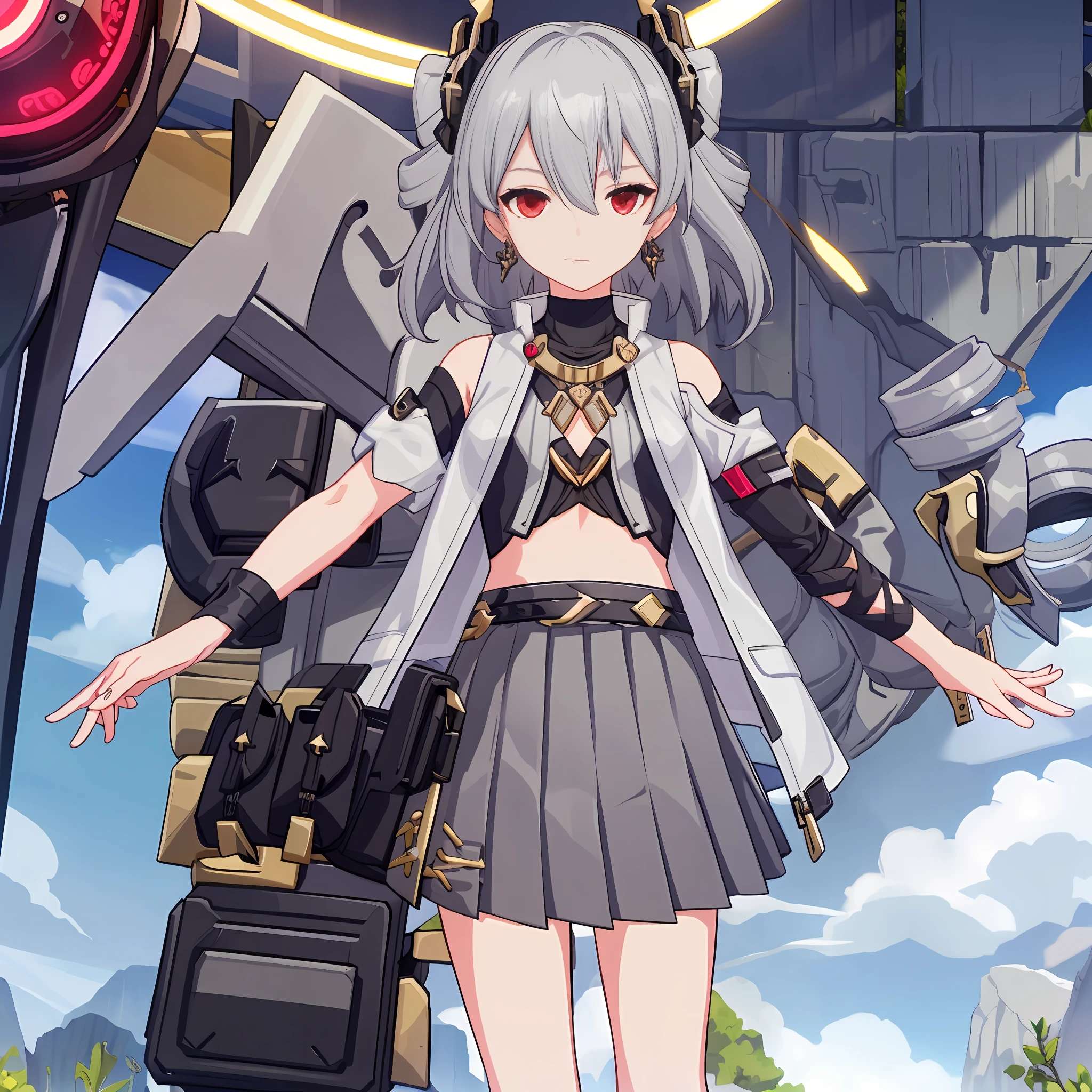 ph_Prometheus,  Prometheusds, 1girl, solo,  bangs, jewelry, earrings, drill hair, twin drills, grey hair, closed mouth, red eyes, hair between eyes, skirt, bare shoulders, grey skirt, hair ornament, jacket, pleated skirt, short sleeves, long hair,  shirt, vest, small breasts, belt, black shirt, breasts, open clothes, white jacket, medium hair,