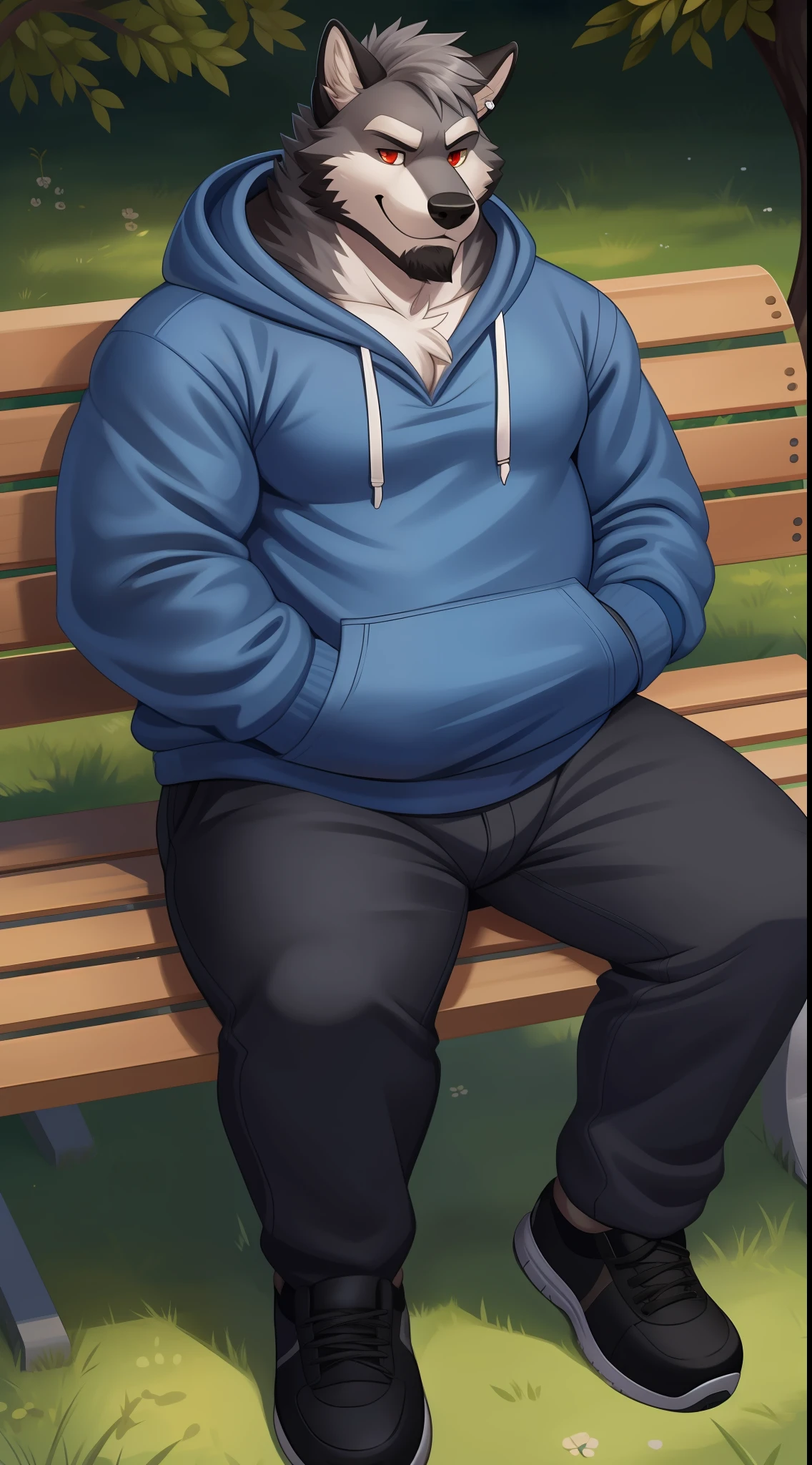 wolf, two tones hair, dark gray hair, grey hair, (black fur:1.2), hair over left eye,red eyes,yellow eyes,thick eyebrowns, Middle-age, facial hair,smile,(grey camo hoodie:1.2), (blue dress pants:1.2), black sneakers, solo, anthro, chubby, fat, cell shaded, full body, sitting in bench, outdoors, ear buds, listing music, by adios,