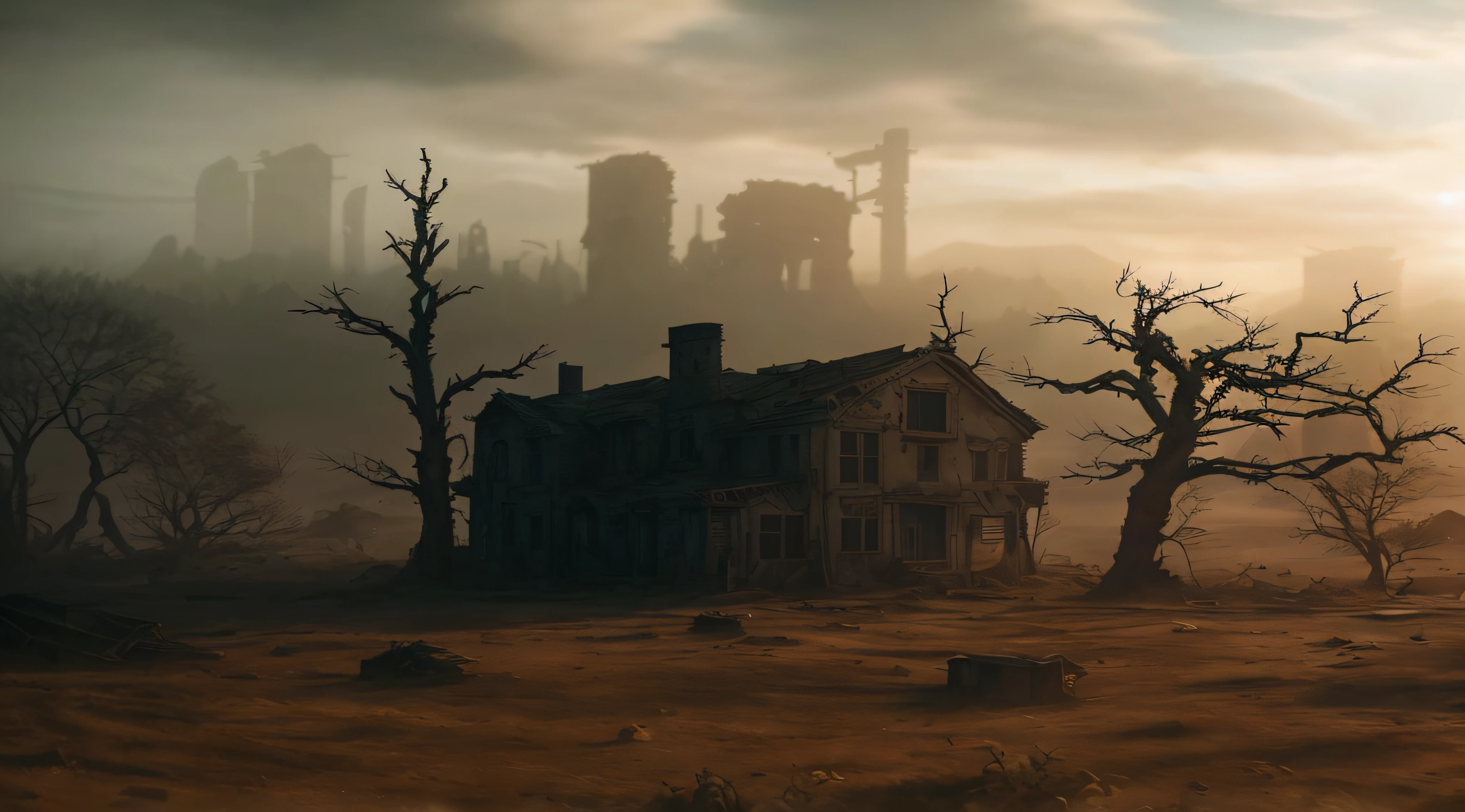 Casa Arafed em um campo com uma cidade ao fundo, post apocalyptic landscape, post apocalyptic scene, post apocalyptic atmosphere, post apocalyptic view, scenic dystopian environment, post apocalyptic scenario, dark ruins landscape, foggy dystopian world, post - apocalyptic wasteland, apocalypse with vegetation, in a post-apocalyptic wasteland, in a dystopian landscape, apocalyptic landscape, apocalyptic scenery