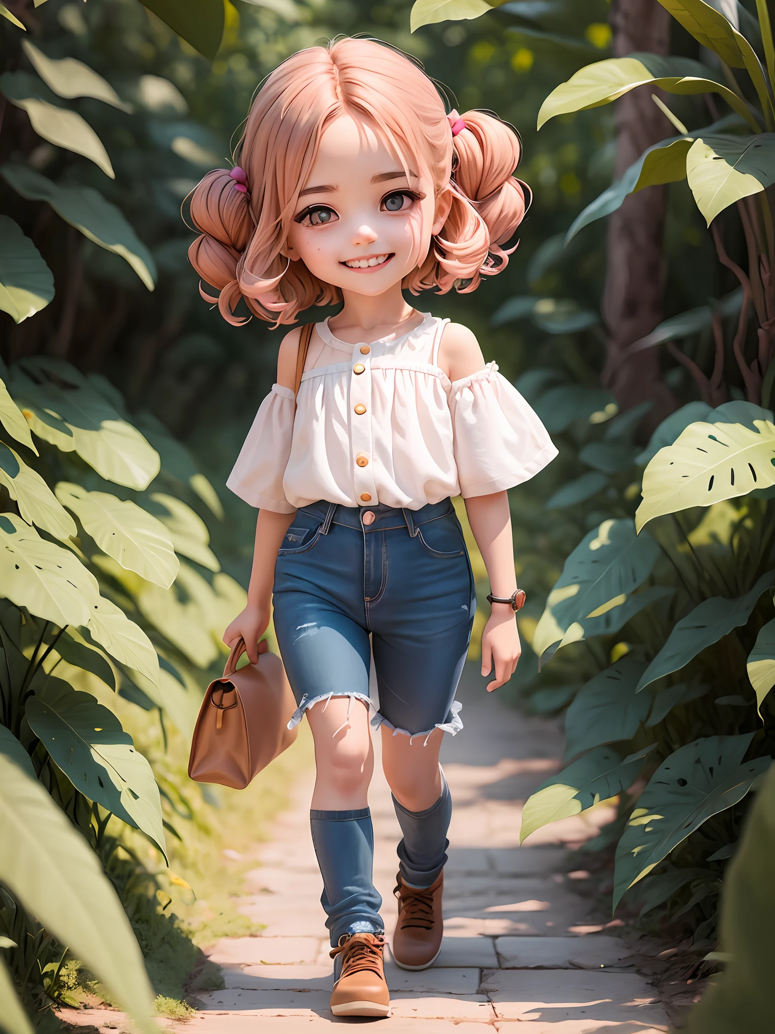 (obra-prima),(melhor qualidade),(ultra-detalhado), (corpo inteiro: 1.2), 1girl, Chibi, Fofo, sorriso, Laura era uma menina de cabelos castanhos-claros, that fell in soft curls over his shoulders. Seus olhos eram grandes e brilhantes, da cor do mel, cheios de curiosidade e coragem. Seu sorriso era contagiante, iluminando o ambiente ao seu redor. Ela tinha um nariz pequeno e arrebitado, que complementava seu rosto delicado. Laura was short and agile, sempre pronta para explorar novos lugares e enfrentar desafios. Ela usava vestido rosa, com um colete de couro marrom. On your feet, ela usava botas. Laura tinha um brilho especial em seus olhos, que refletia sua natureza aventureira e sua habilidade de encontrar magia em todos os cantos. (rosto bonito e detalhado), (lindos olhos detalhados),(obra-prima),(melhor qualidade),(ultra-detalhado), (corpo inteiro: 1.2), 1girl, Chibi, fofo, sorriso, camisa, Laura era uma menina de 5anos, cabelos castanhos-claros, that fell in soft curls over his shoulders. Seus olhos eram grandes e brilhantes, da cor do mel, cheios de curiosidade e coragem. Seu sorriso era contagiante, iluminando o ambiente ao seu redor. Ela tinha um nariz pequeno e arrebitado, que complementava seu rosto delicado. Laura was short and agile, sempre pronta para explorar novos lugares e enfrentar desafios. She wore a comfortable and colorful outfit, com um colete de couro marrom, a floral blouse and ripped jeans. On your feet, ela usava botas de caminhada resistentes, perfeitas para suas aventuras na floresta. Laura tinha um brilho especial em seus olhos, que refletia sua natureza aventureira e sua habilidade de encontrar magia em todos os cantos. (rosto bonito e detalhado), (lindos olhos detalhados).